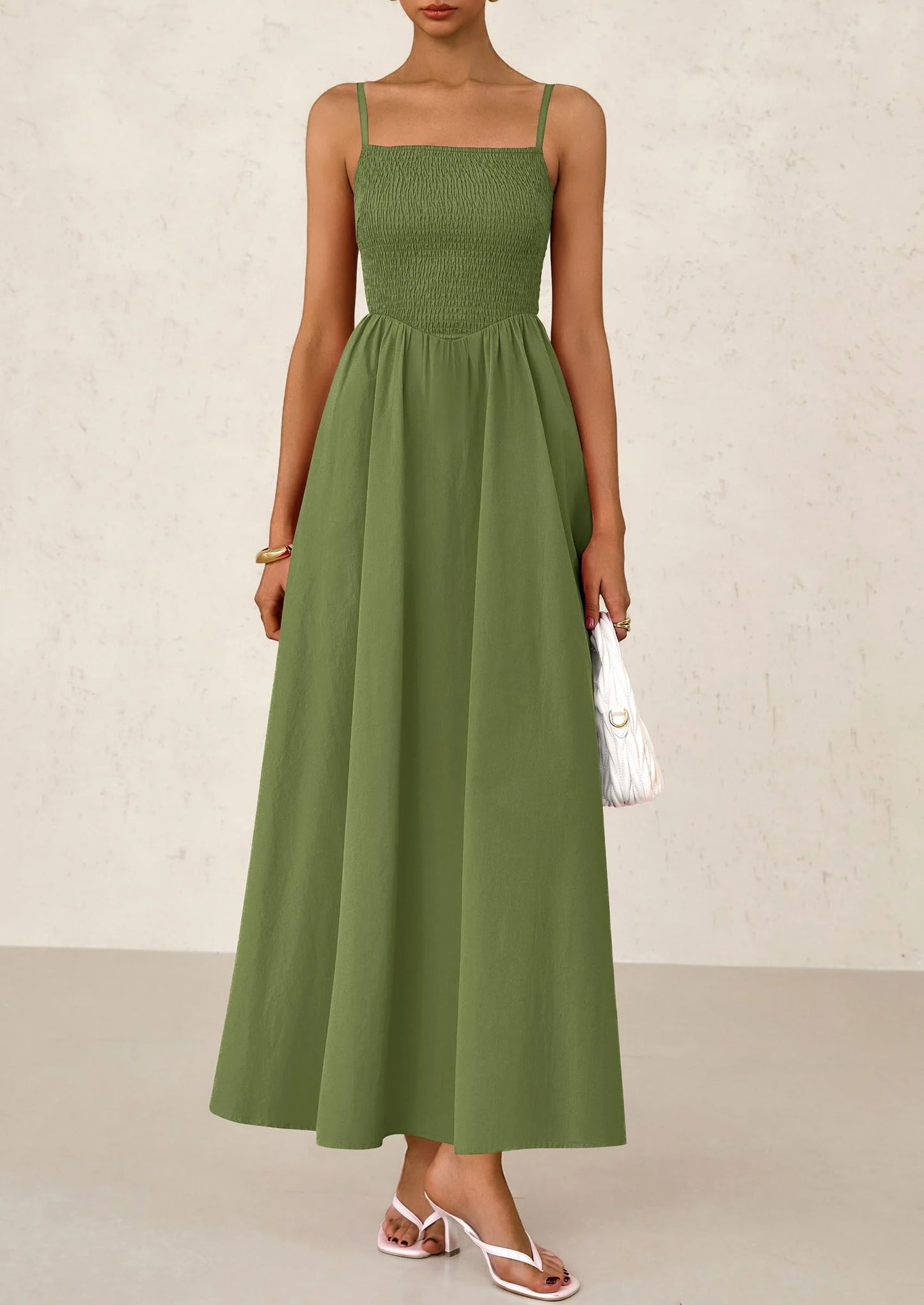 Women's Smocked Maxi Dresses Beach Sundress Casual Spaghetti Strap Swing A Line Long Flowy Dress