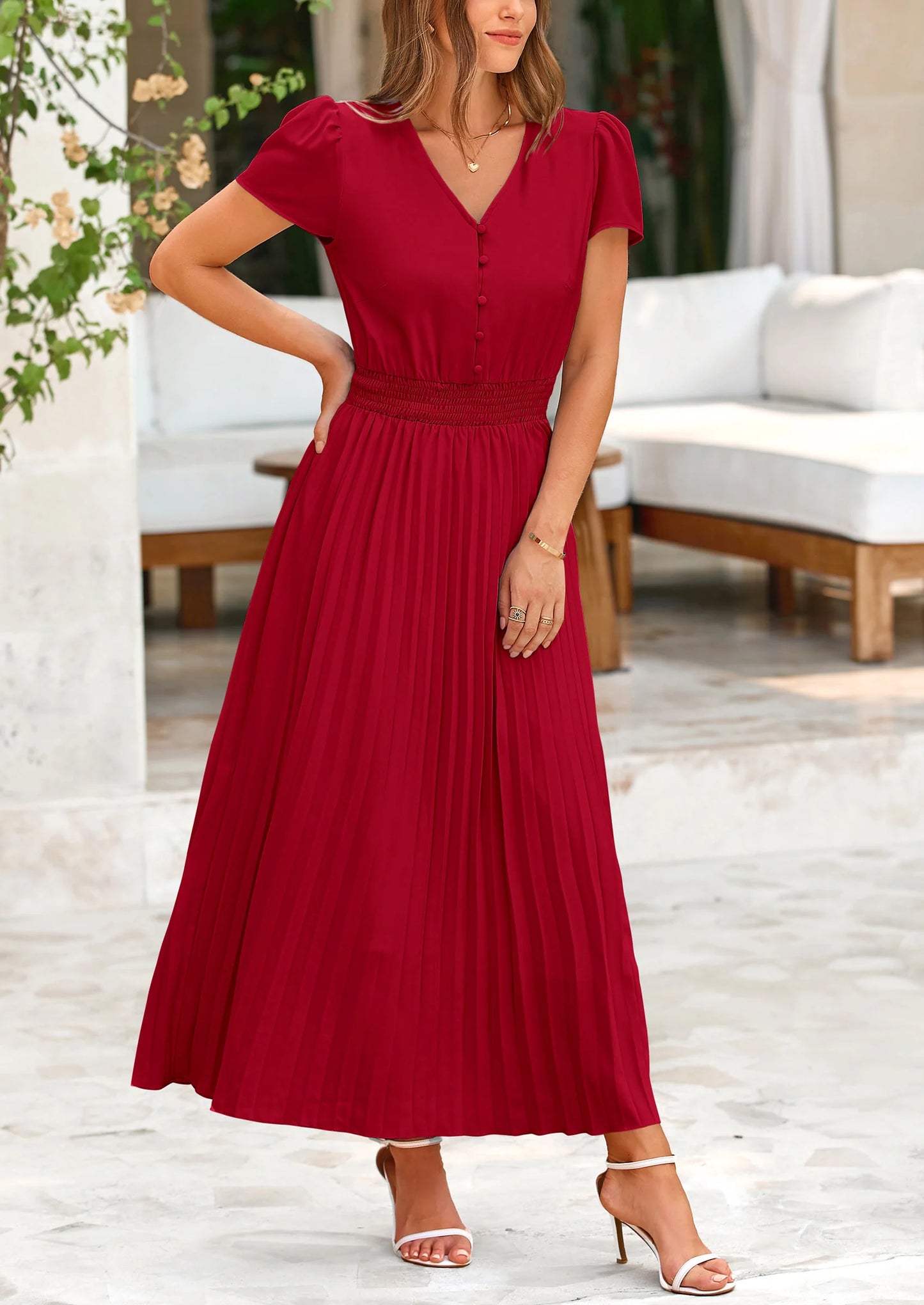 Women's Maxi Dresses Summer Trendy Cap Short Sleeve Button V Neck Casual Flowy Pleated Long Dress