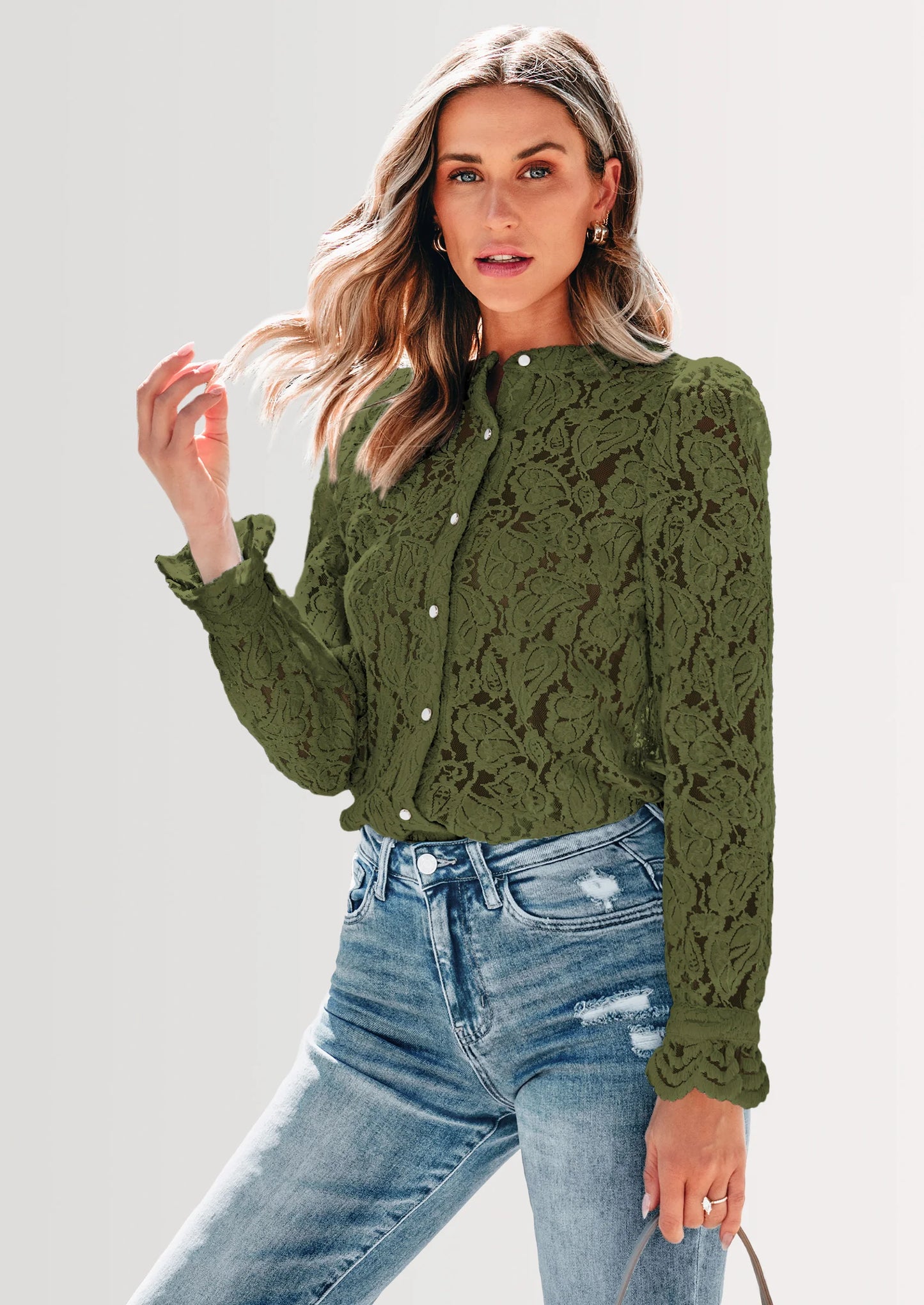 Women's Dressy Casual Lace Blouse Long Sleeve Button Up Shirts Tops Spring Fall Fashion Clothes
