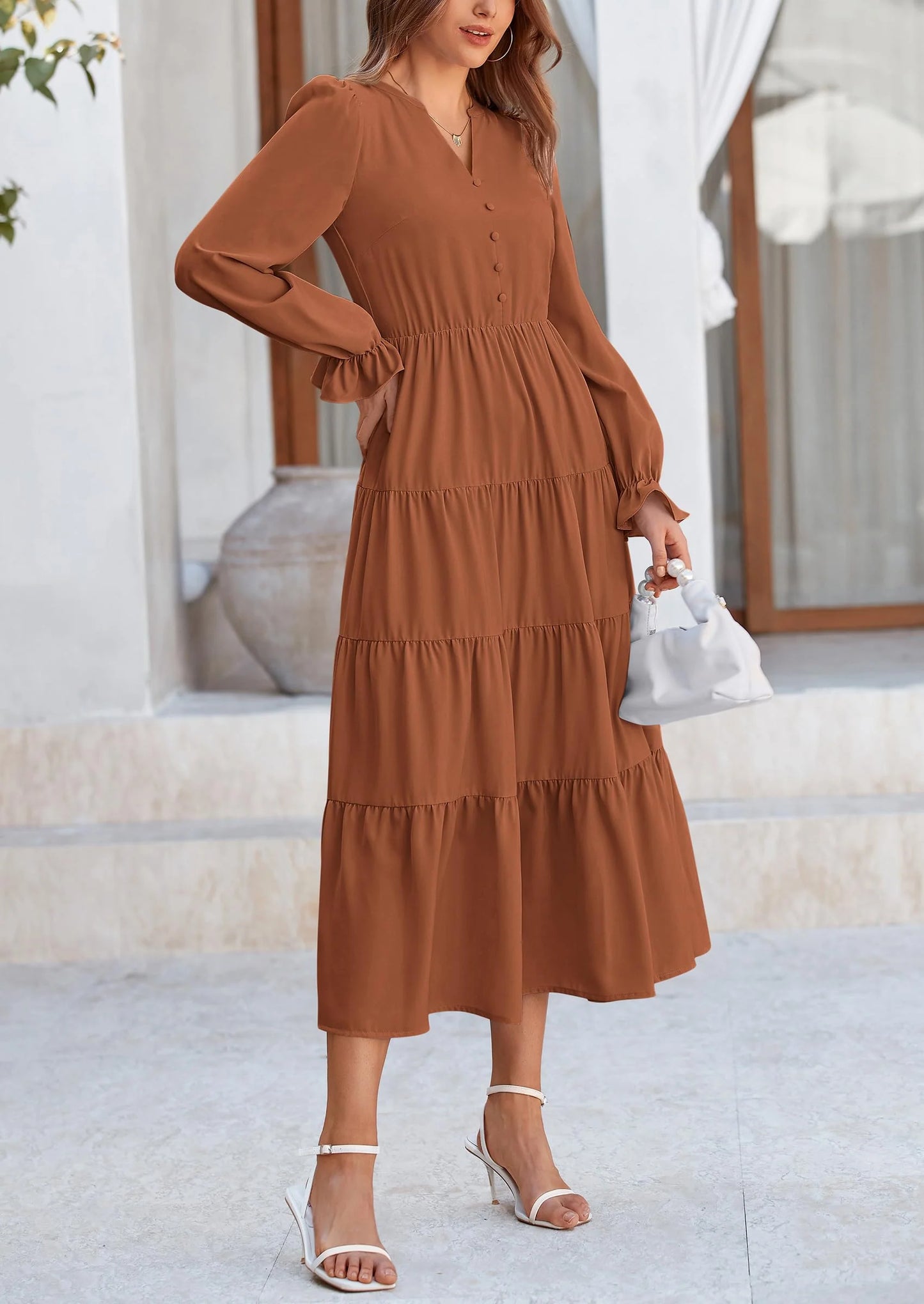 Women Fall Long Sleeve Smocked Maxi Dress Casual Square Neck Swiss Dot Tiered Ruffle Flowy Spring Pocket Dresses