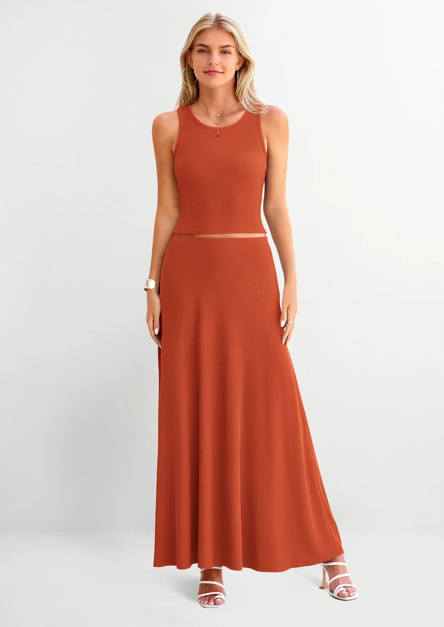 2 Piece Maxi Skirt Sets Casual Knit Cropped Tank Top High Waisted Long Skirts Outfit