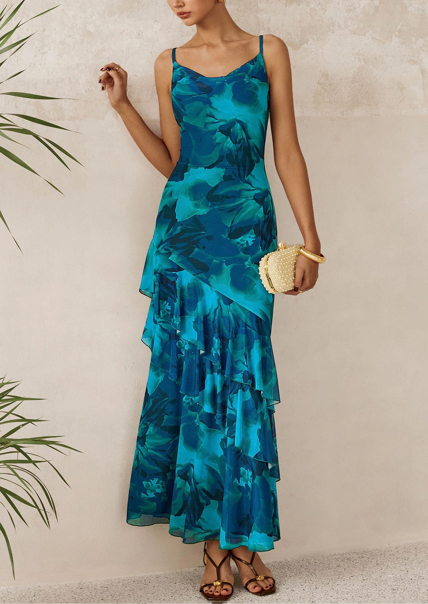 Maxi Dresses for Women Floral Beach Sundress Spaghetti Strap Tiered Wedding Guest Long Dress