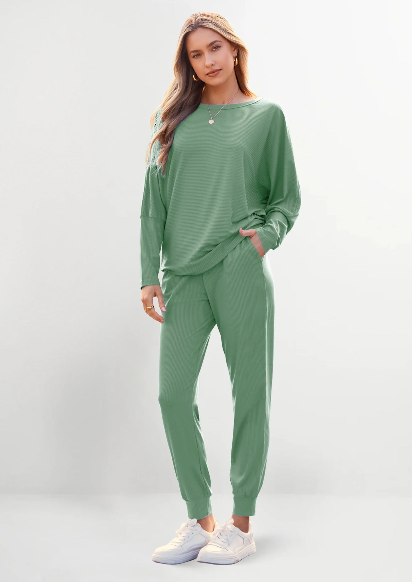 Women's Fall 2 Piece Lounge Set Long Sleeve Tops Ribbed Pants Spring Matching Sweatsuit Travel Outfits Clothes