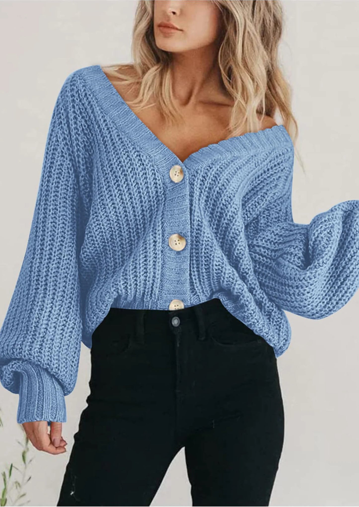 Women's Chunky Knit Open Front Sweater Long Sleeve Button Loose Short Cardigan Outerwear Coats