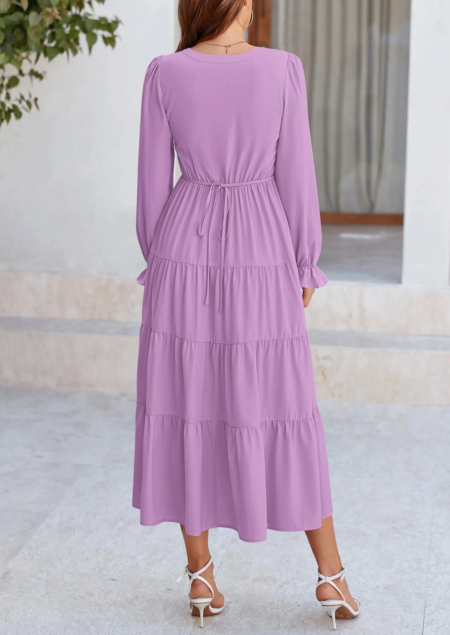 Women Fall Long Sleeve Smocked Maxi Dress Casual Square Neck Swiss Dot Tiered Ruffle Flowy Spring Pocket Dresses