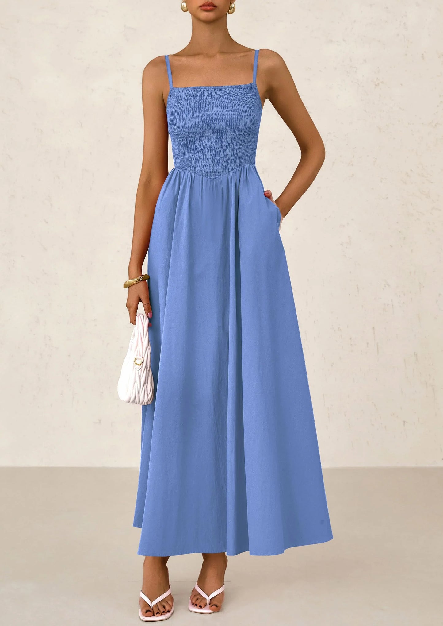 Women's Smocked Maxi Dresses Beach Sundress Casual Spaghetti Strap Swing A Line Long Flowy Dress
