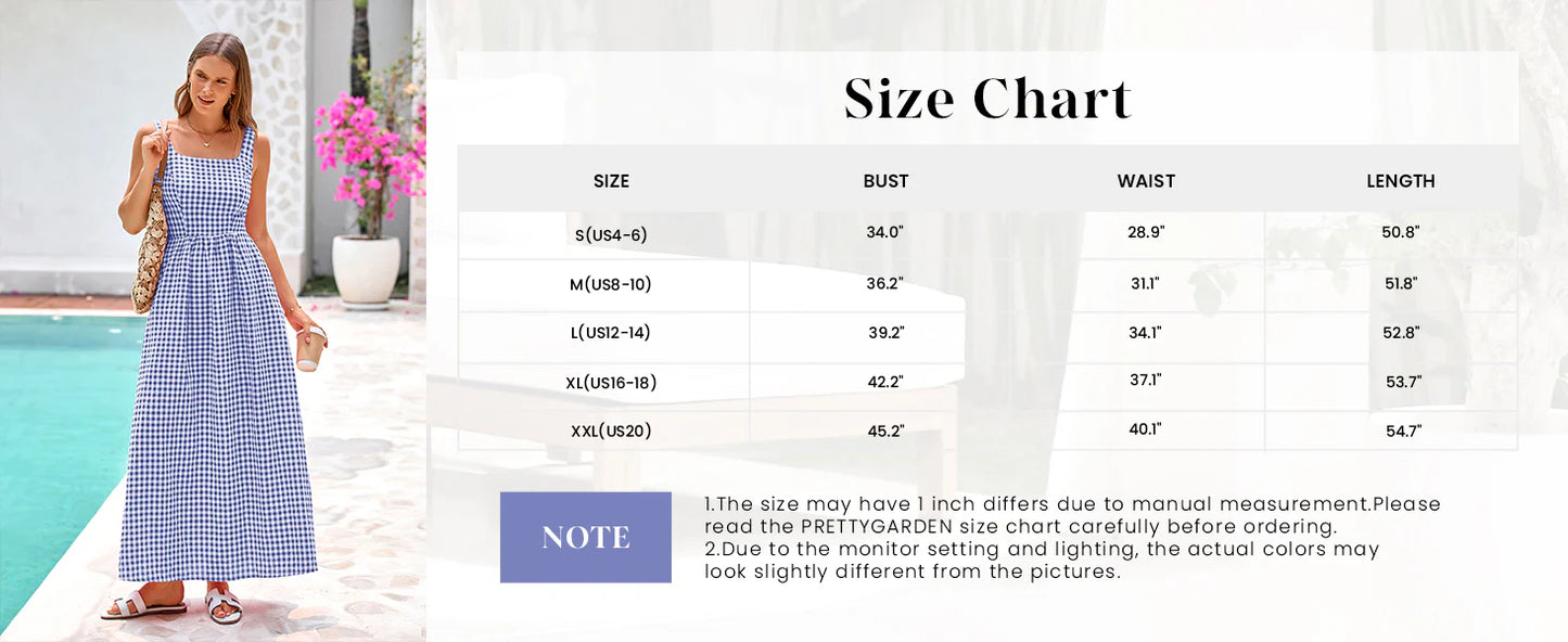Women's Summer Spaghetti Strap Maxi Dresses Plaid Square Neck A Line Casual Beach Vacation Long Sundress