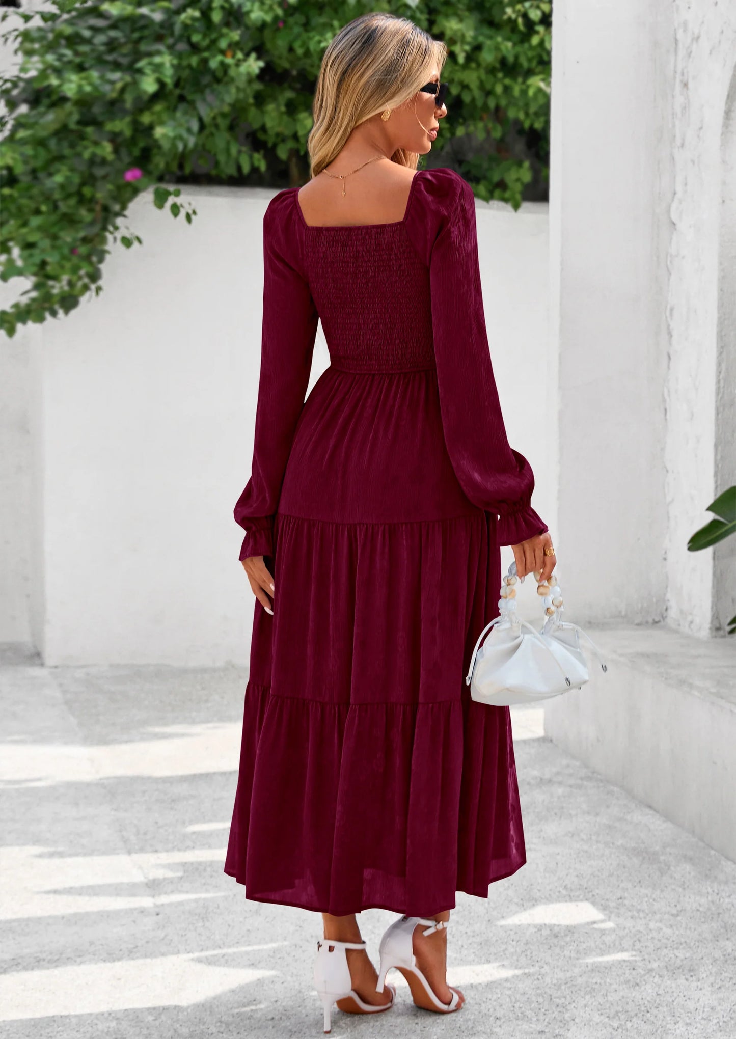 Fall Wedding Guest Dresses for Women Floral Long Sleeve Smocked Tiered Elegant Long Flowy Boho Dress