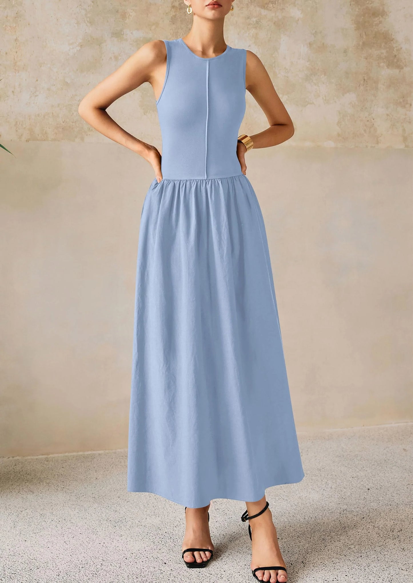 Women Maxi Dresses Casual Sleeveless Patchwork Knit Tank Dress Flowy Beach Sundress Long Dress