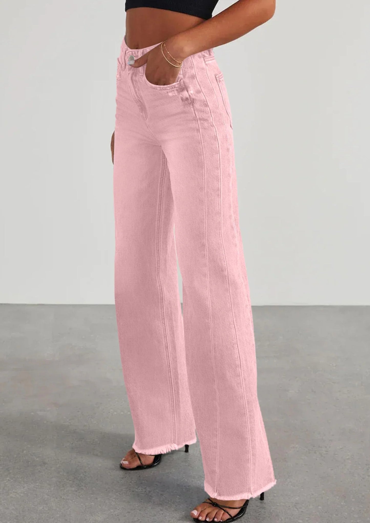Wide Leg Jeans for Women Trendy High Waisted Stretchy Baggy Raw Hem Denim Palazzo Pants with Pockets