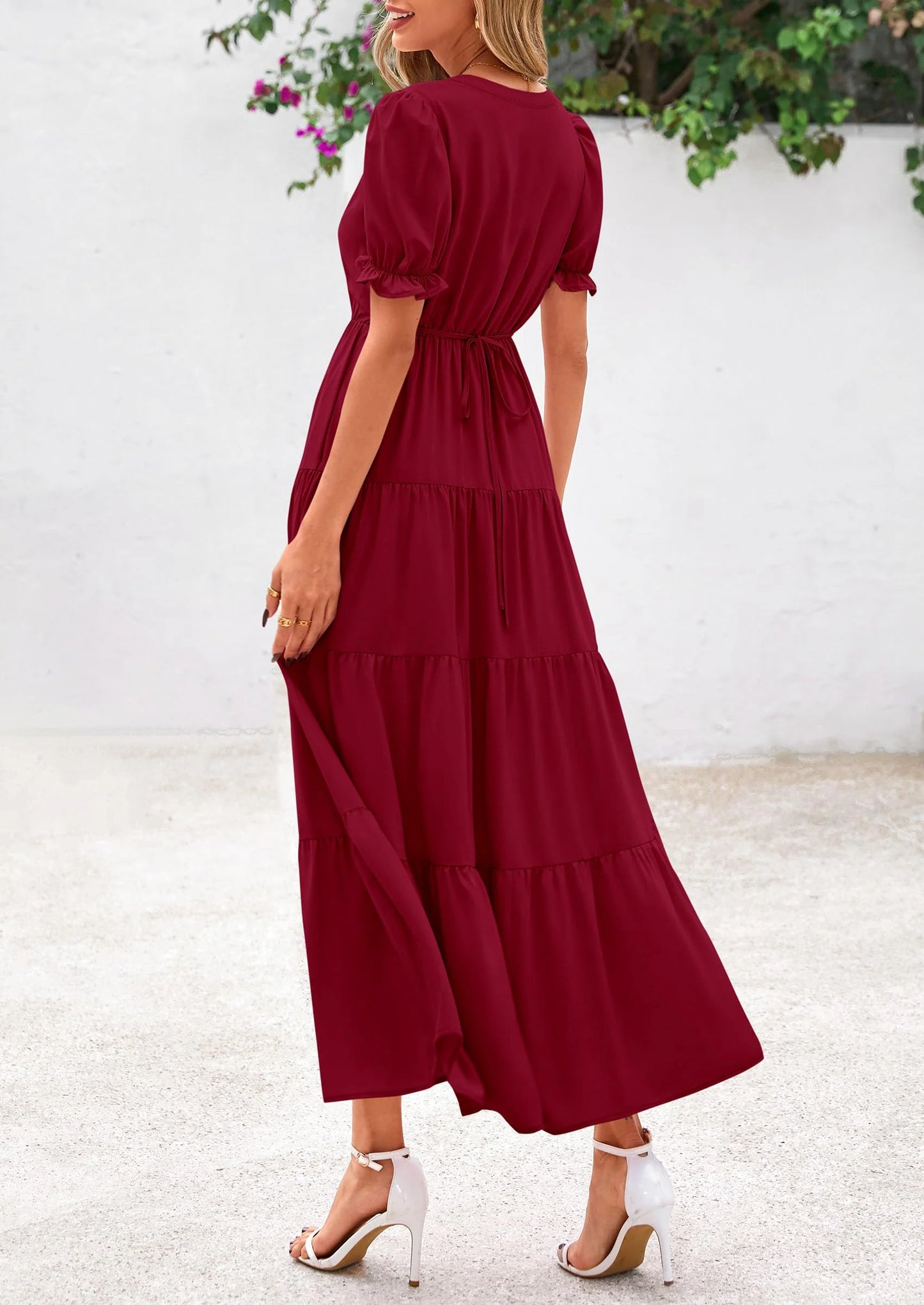 Women's Casual Short Sleeve V Neck Midi Dresses Spring A-line Tiered Wedding Guest Dress
