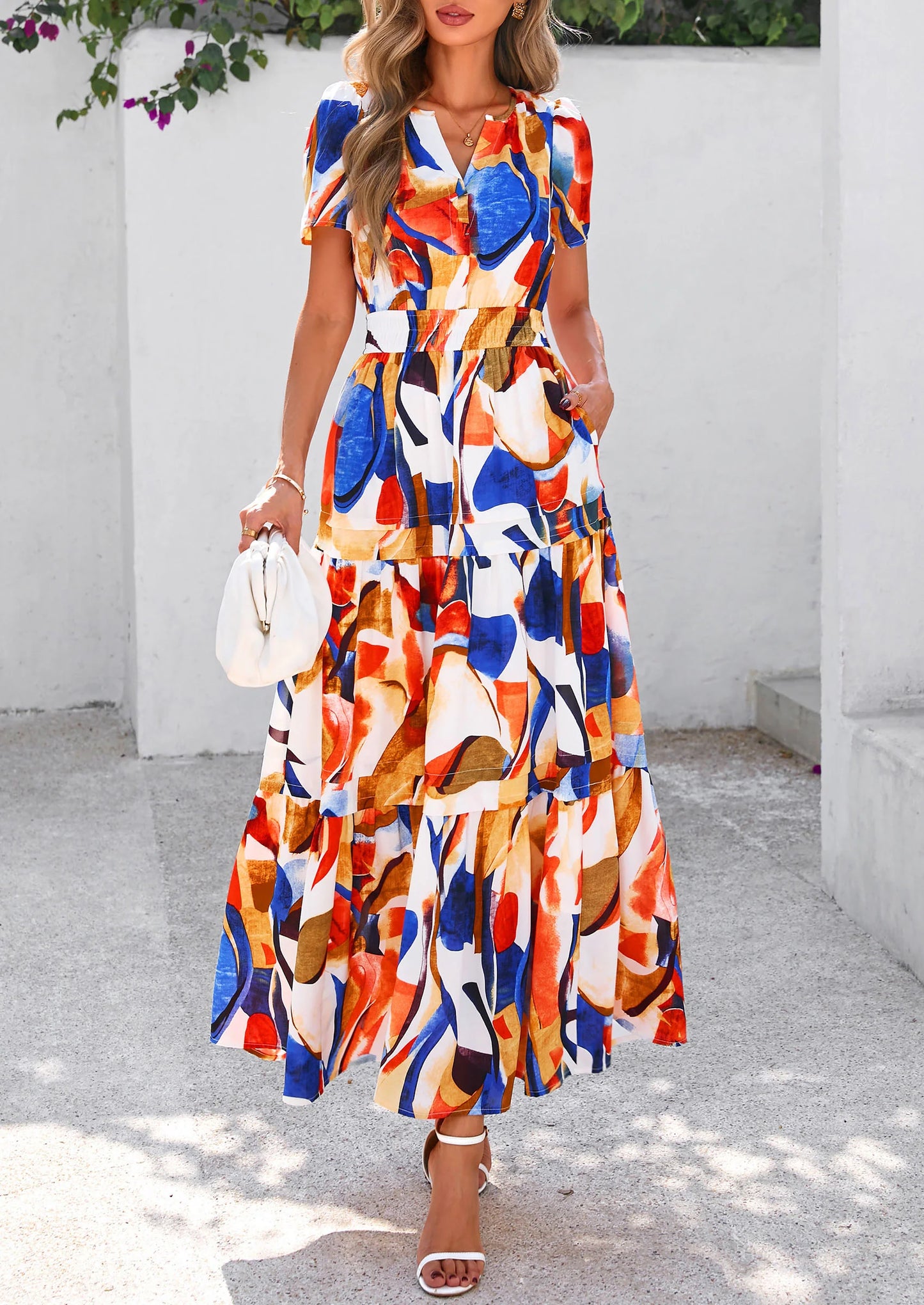 Women's Boho Maxi Dresses Floral Short Sleeve V Neck A Line Tiered Flowy Long Beach Vacation Dress