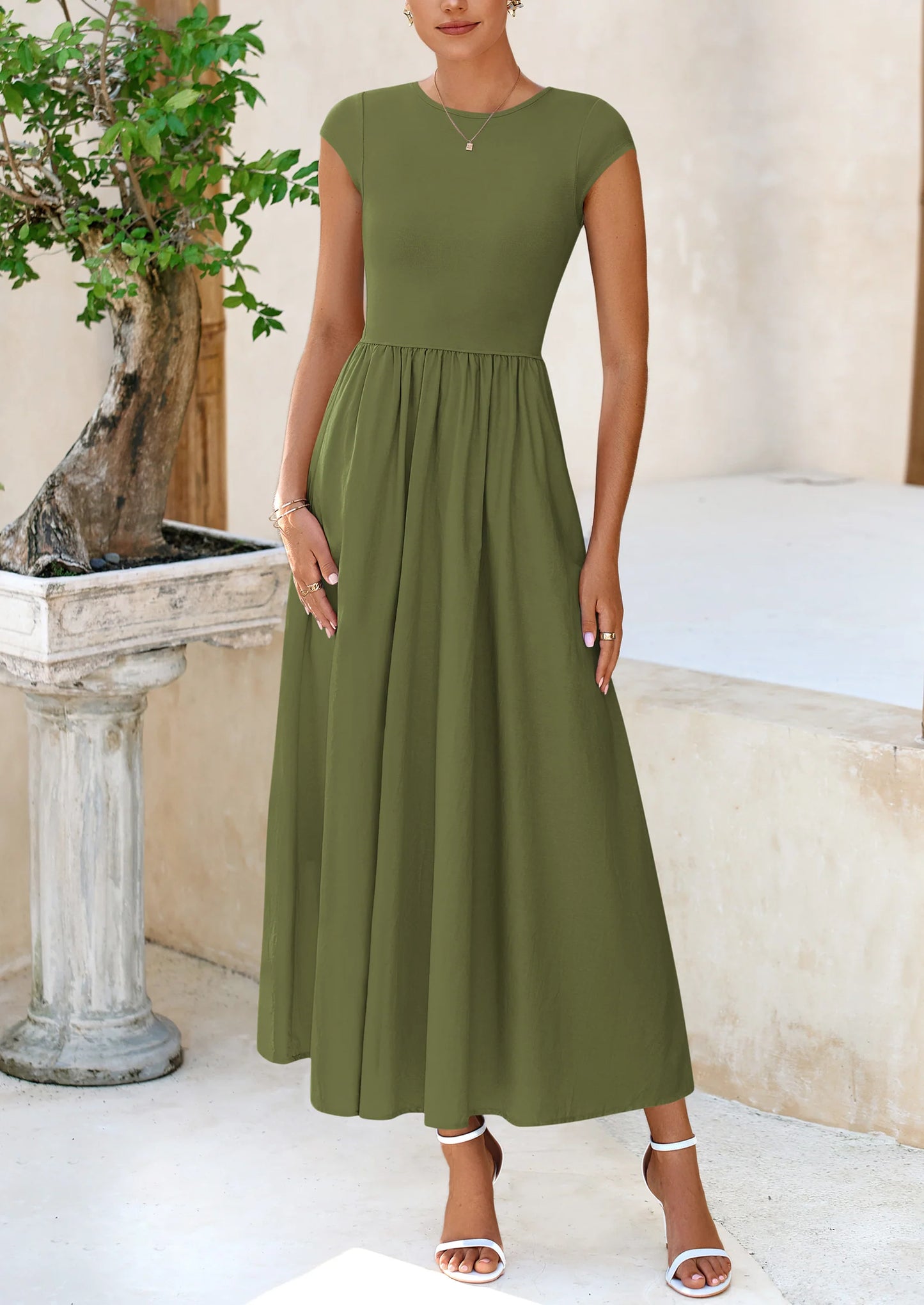 Women's Casual Long Dresses Cap Sleeve Patchwork A Line Flowy Modest Elegant Homecoming Maxi Dress