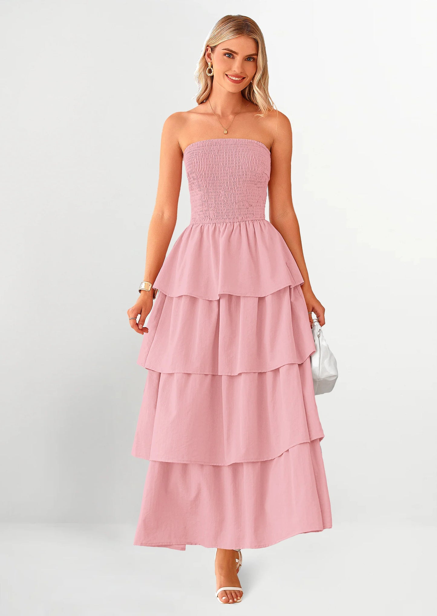 Maxi Dresses for Women Off Shoulder Smocked Tiered Ruffle Long Flowy Wedding Guest Dress
