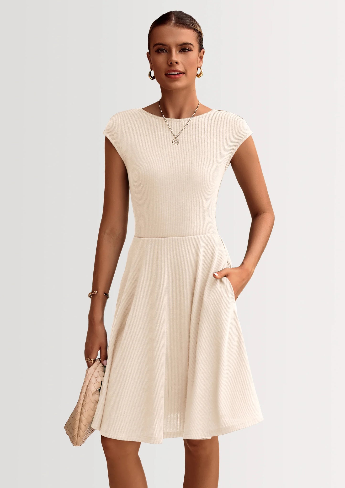 Womens Short Summer Dress Crewneck Cap Sleeve Ribbed Knit Casual Flowy A Line Mini Sundresses with Pockets