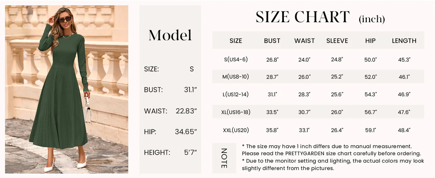 Women's Long Sleeve Midi Sweater Dress Fall Crewneck Knit A Line Pleated Wedding Guest Winter Dresses