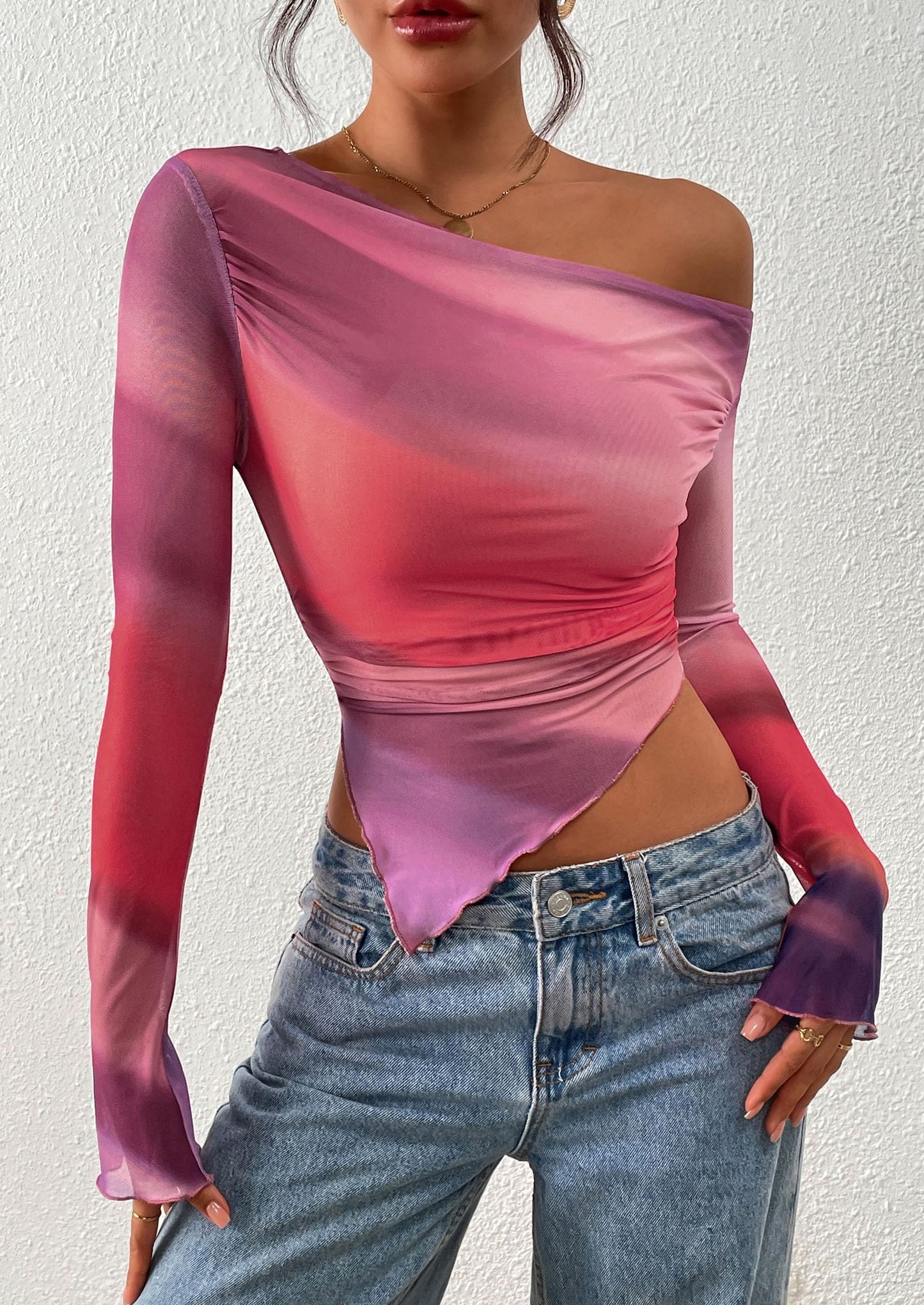 Womens Fall Trendy Off Shoulder Tops Tie Dye Mesh Long Sleeve Shirts Asymmetrical Ruched Floral Blouse