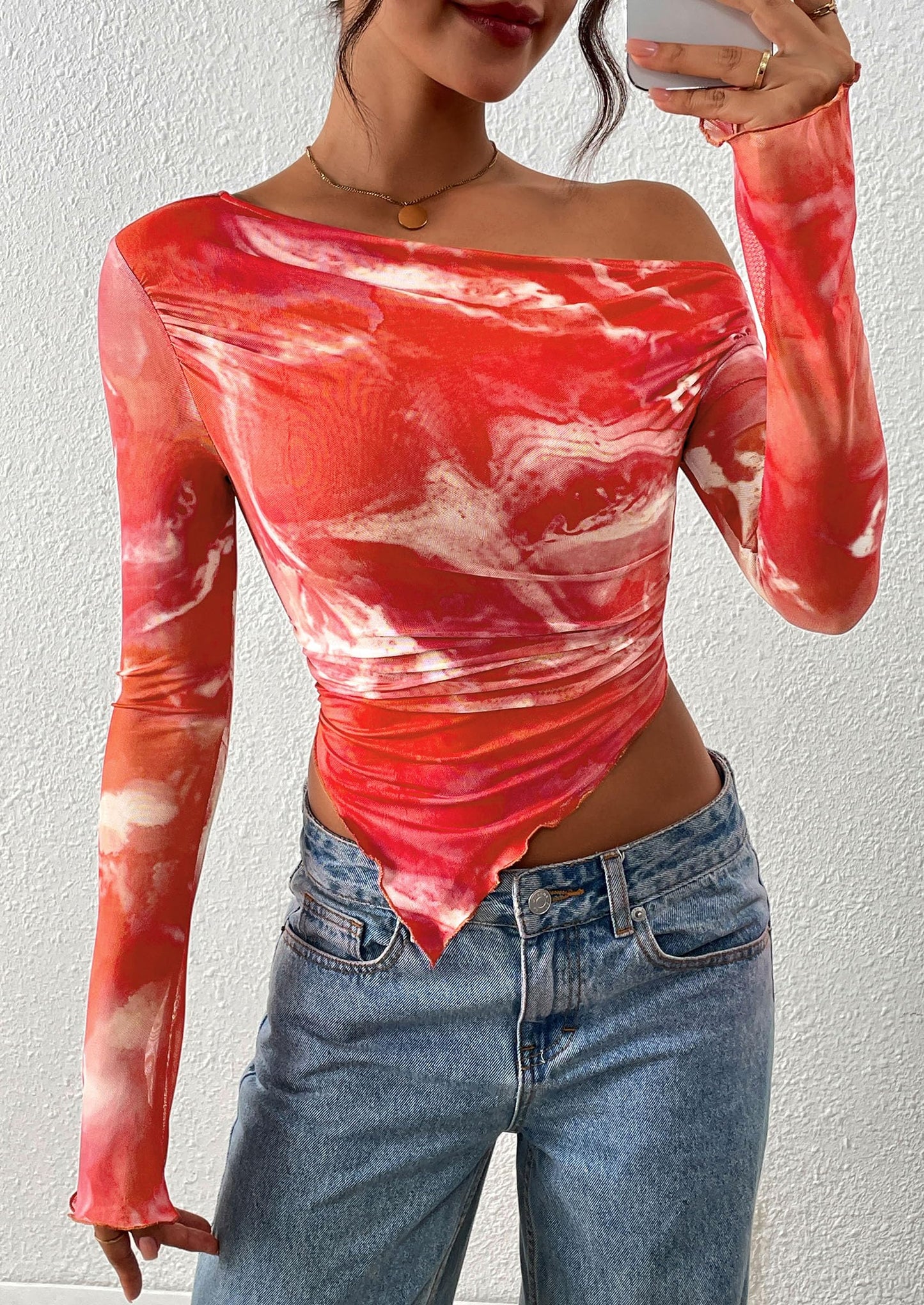 Womens Fall Trendy Off Shoulder Tops Tie Dye Mesh Long Sleeve Shirts Asymmetrical Ruched Floral Blouse