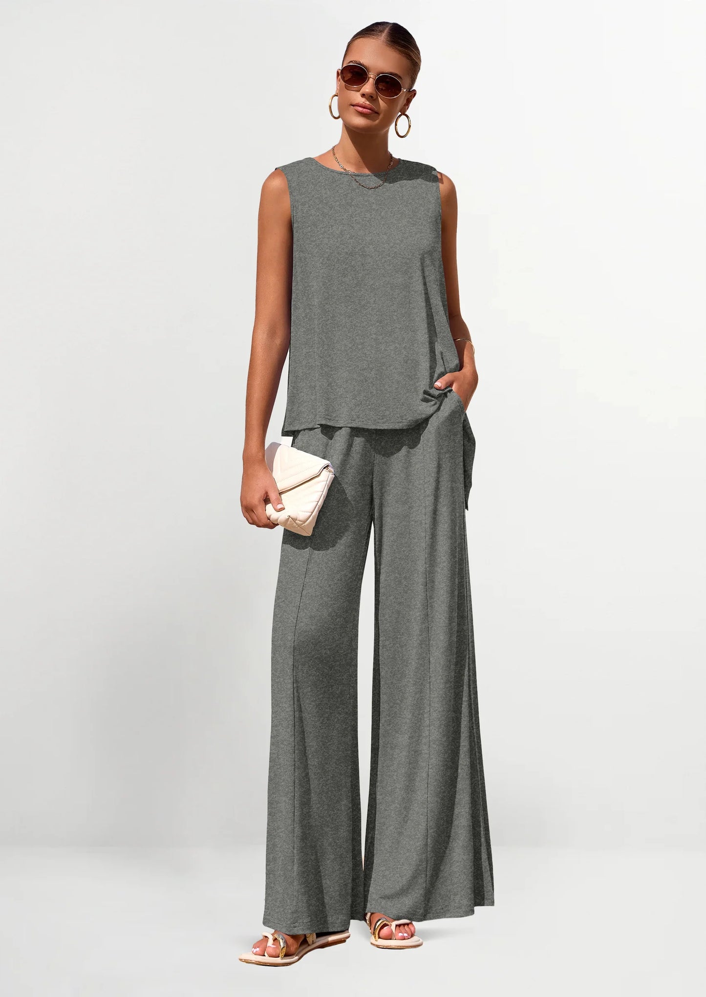 Women's Two Piece Matching Lounge Sets Asymmetrical Split Tank Tops Wide Leg Pants Summer Outfits Tracksuit