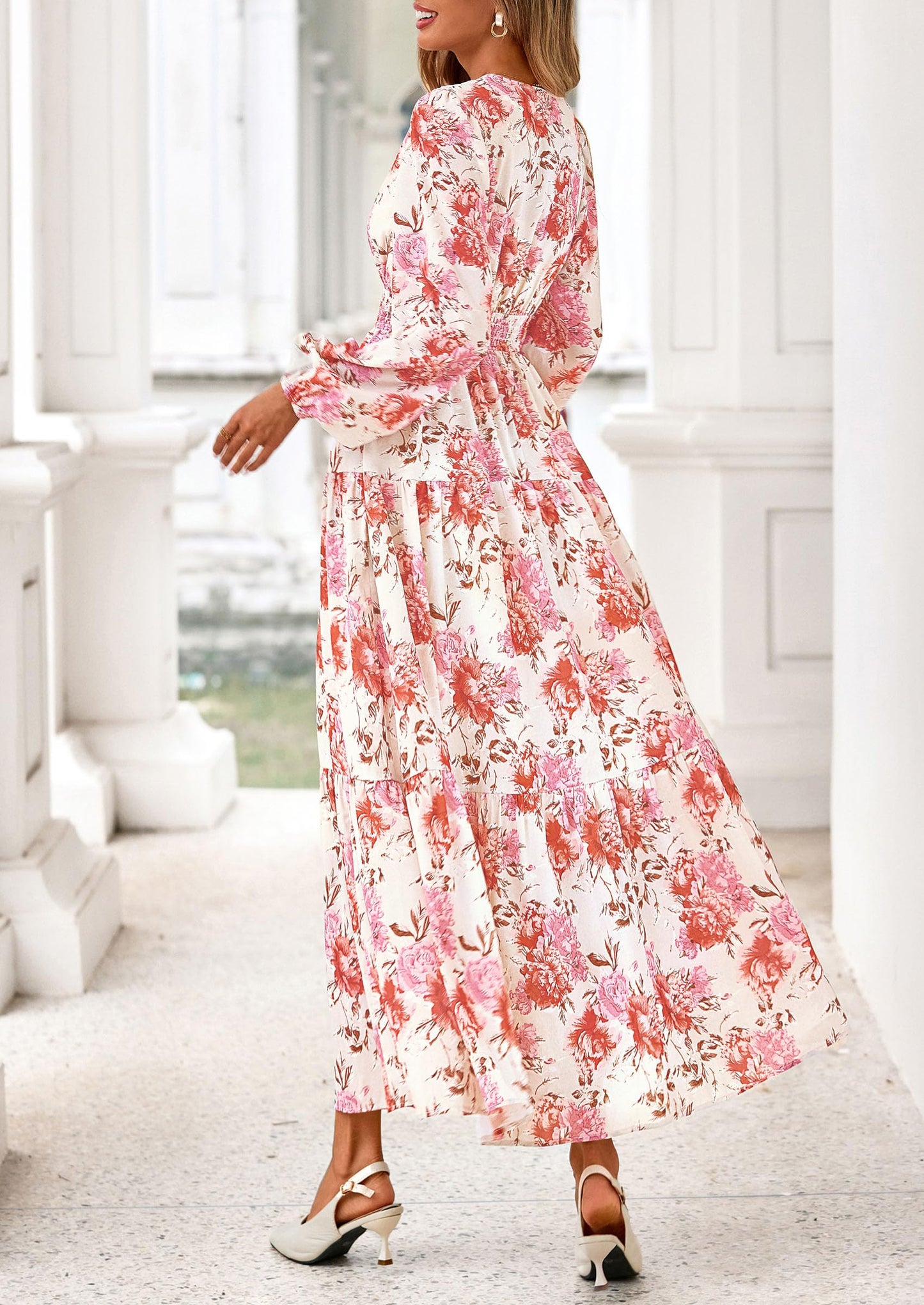 Long Sleeve Maxi Fall Dresses for Women Vneck Smocked Boho Floral Tiered Swing Flowy Wedding Guest Dress