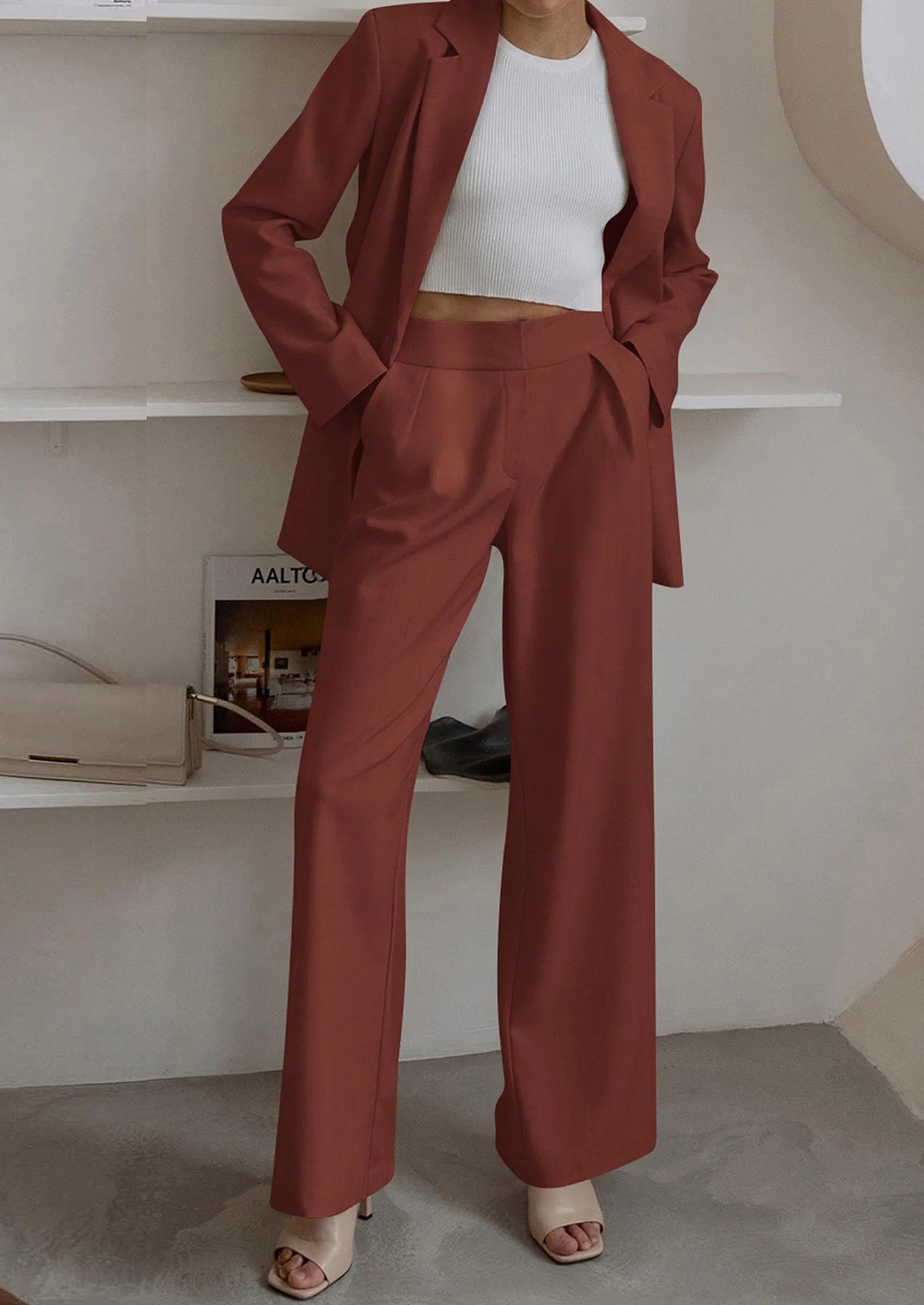 Women's Fall Two Piece Outfits Dressy Blazer Jacket and Wide Leg Pants Pockets Business Casual Office Suit Sets