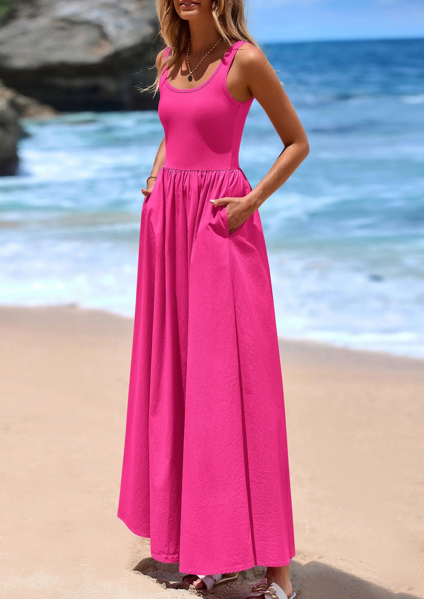 Womens Summer Casual Scoop Neck Sleeveless Long Dresses Tank Top Patchwork Aline Swing Maxi Dress with Pockets