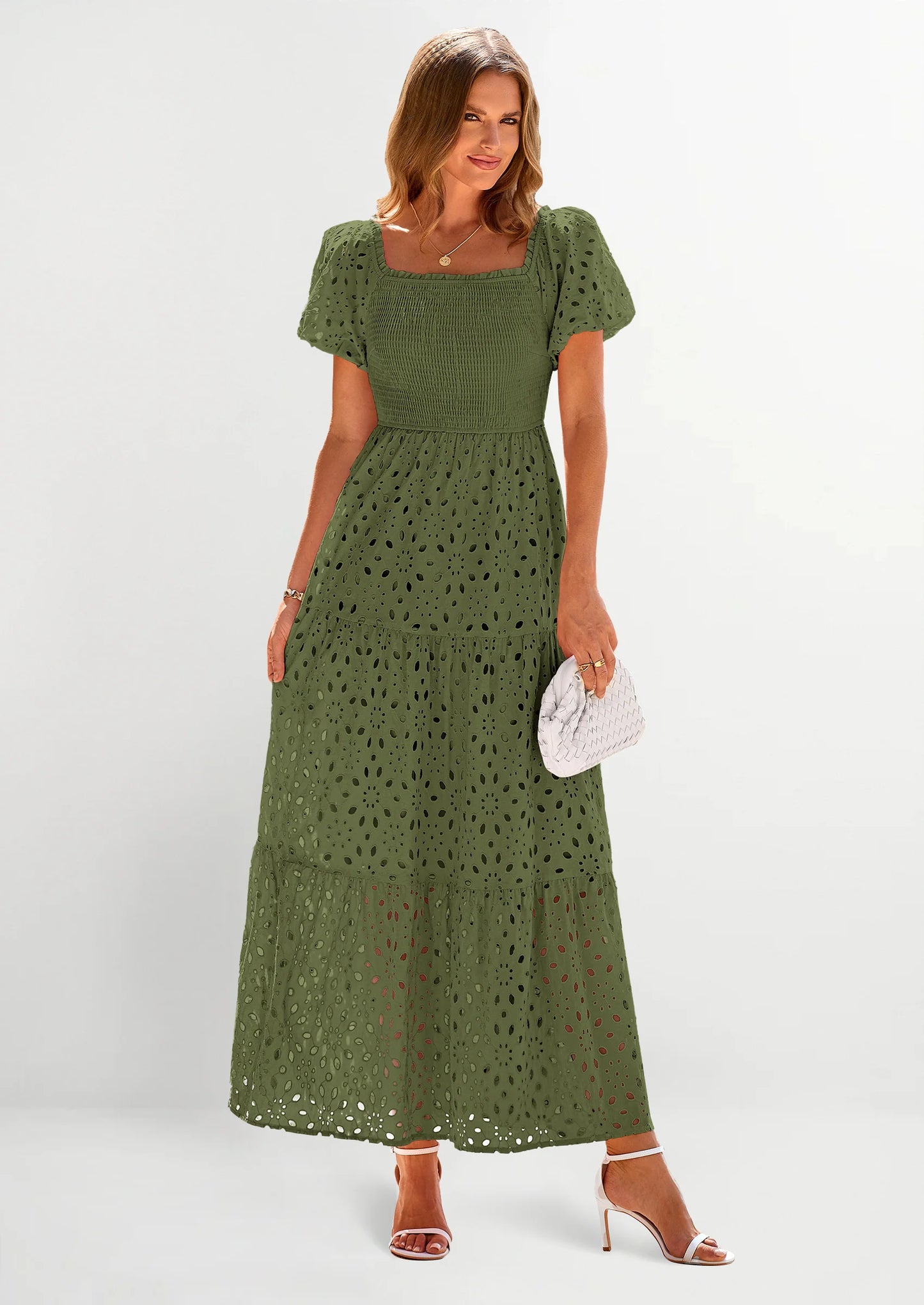 Dresses for Women Eyelet Square Neck Puff Sleeve Smocked Wedding Guest Maxi Dress with Pockets