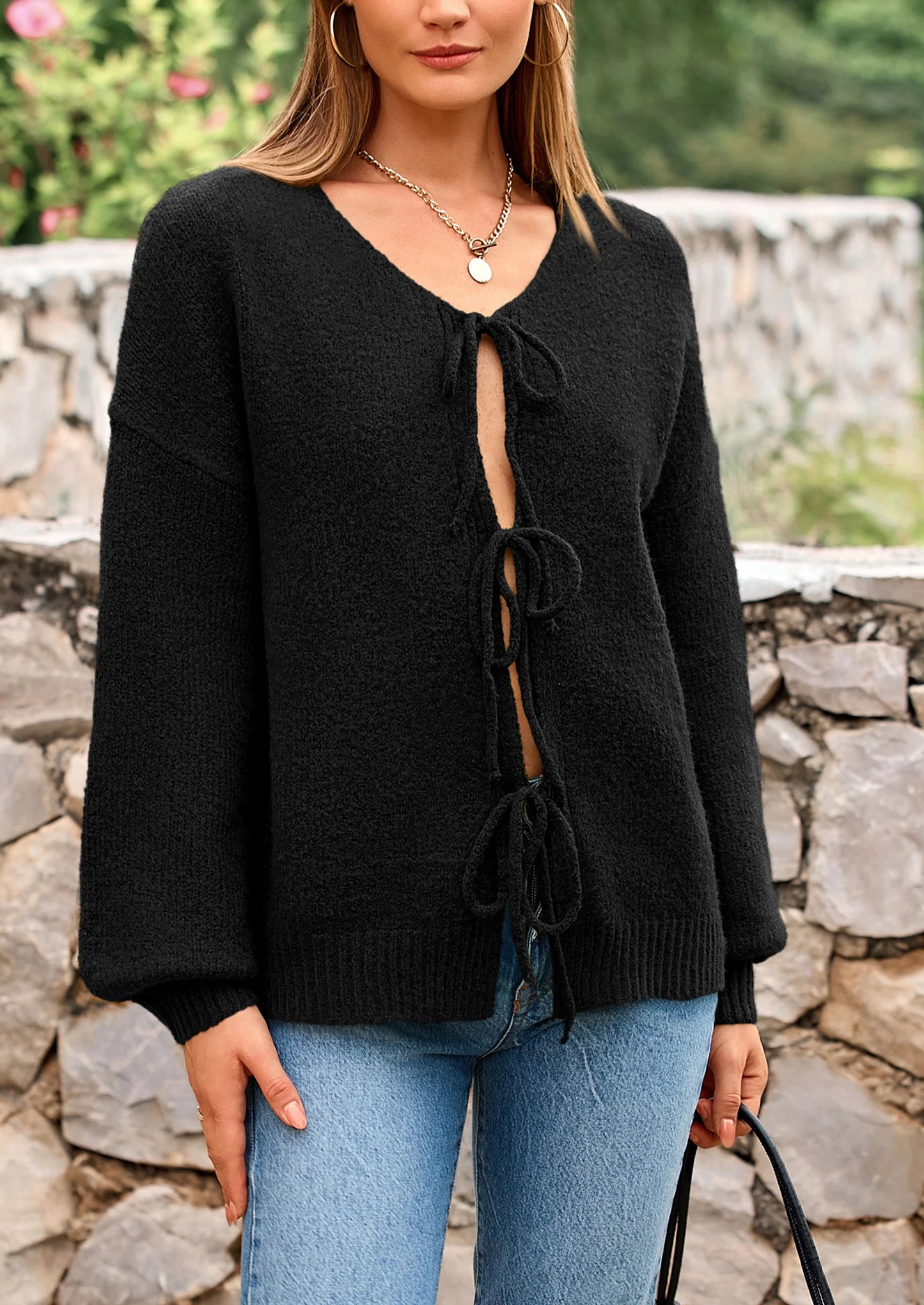 Women's Tie Front Bow Cardigan Sweaters Chunky Knit Long Puff Sleeve Trendy Fall Winter Jacket Coats