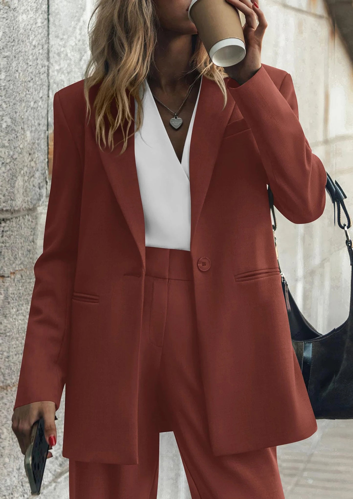 Women's Fall Two Piece Outfits Dressy Blazer Jacket and Wide Leg Pants Pockets Business Casual Office Suit Sets