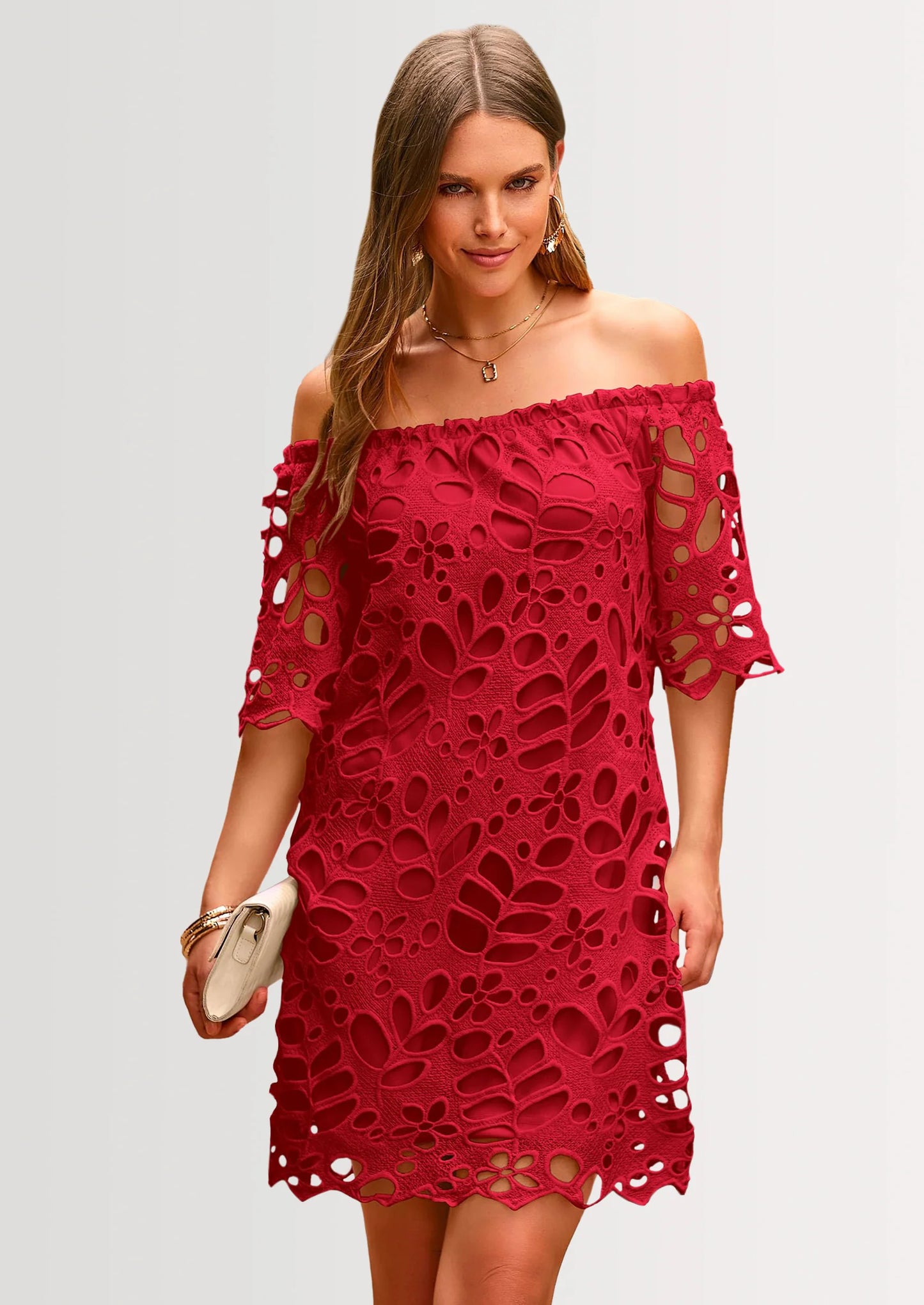 Women's Summer Off Shoulder Dresses Floral Lace Flare Short Sleeve Spring Vintage Elegant Mini Dress