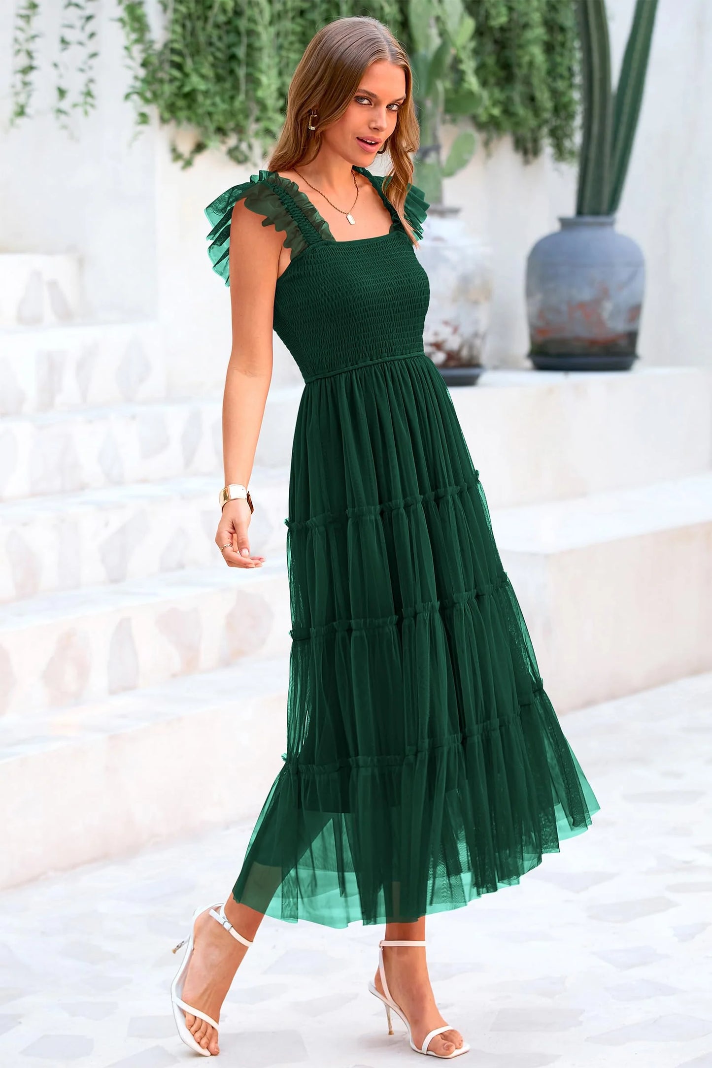 Women's Tulle Midi Dress Sleeveless Smocked Ruffle Mesh Flowy Dresses Party Wedding Guest Sundress