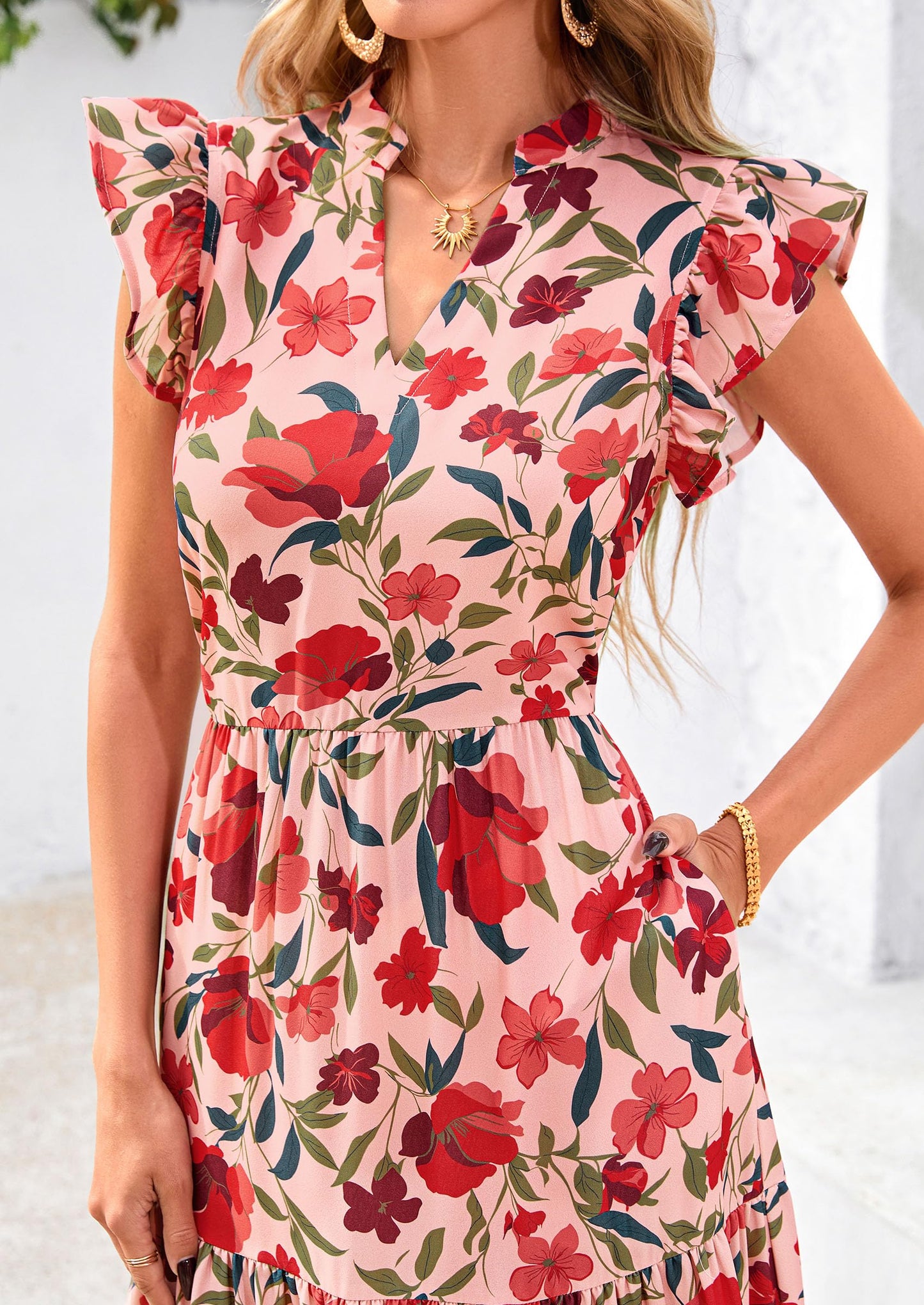 Women's Summer Floral Midi Dress Cap Sleeve V Neck Ruffle Long Flowy Boho Casual Beach Vacation Dresses