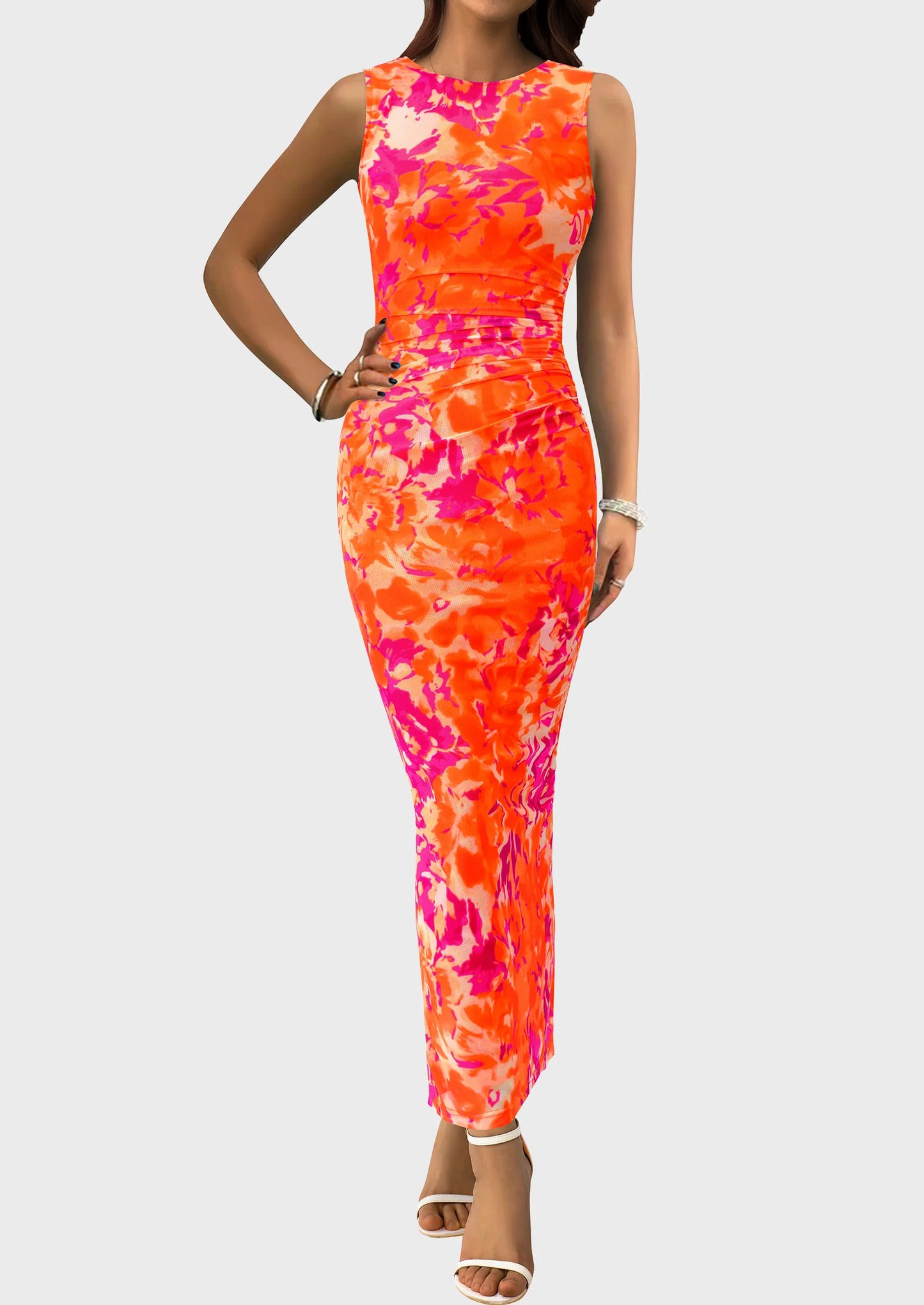Wedding Guest Dresses for Women Spring Floral Bodycon Sleeveless Mesh Maxi Long Dress