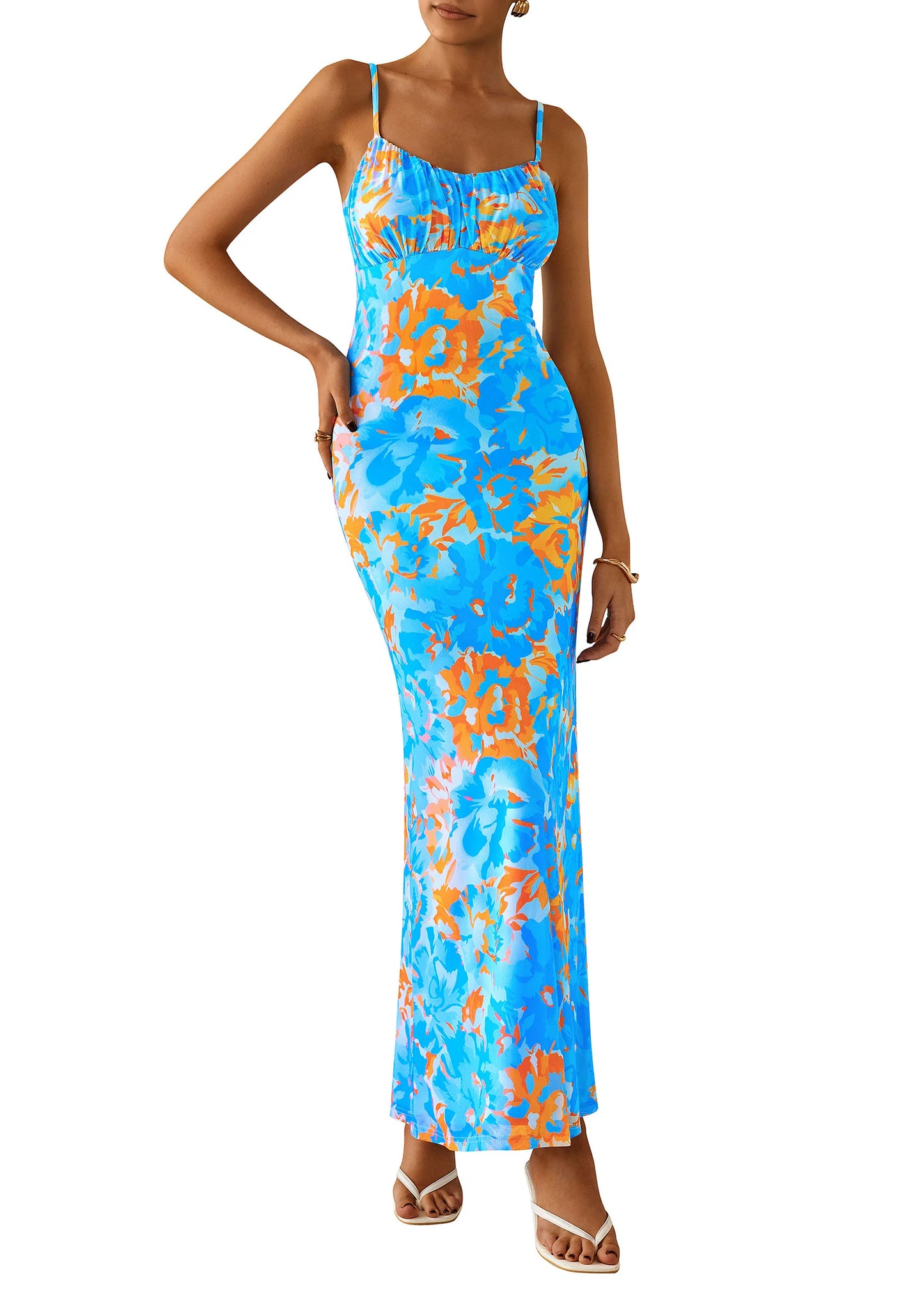 Women's Bodycon Maxi Dress Floral Sundress Sleeveless Spaghetti Strap Cocktail Party Dress