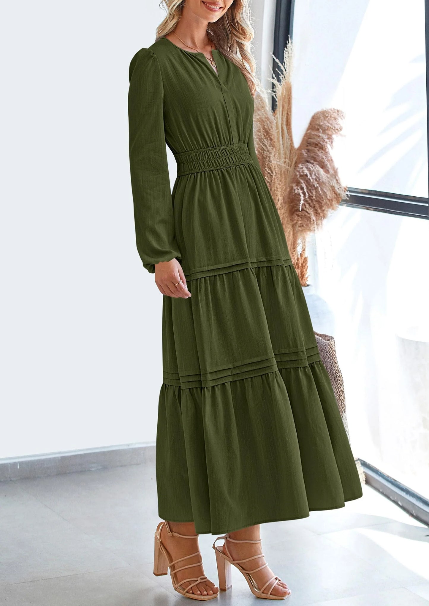 Women's Elegant Maxi Dresses Long Sleeve V Neck Flowy Pockets Casual Modest Dress Fall Fashion Clothes