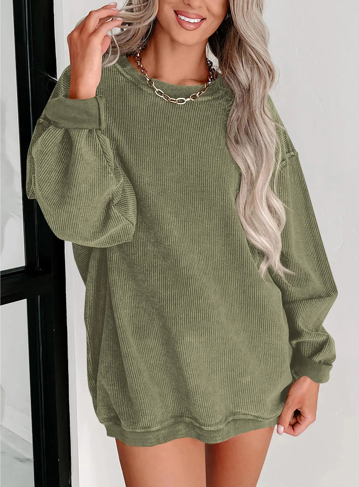 Women's Oversized Sweatshirt 2025 Fall Fashion Clothes Ribbed Corduroy Long Sleeve Going Out Pullover Tops