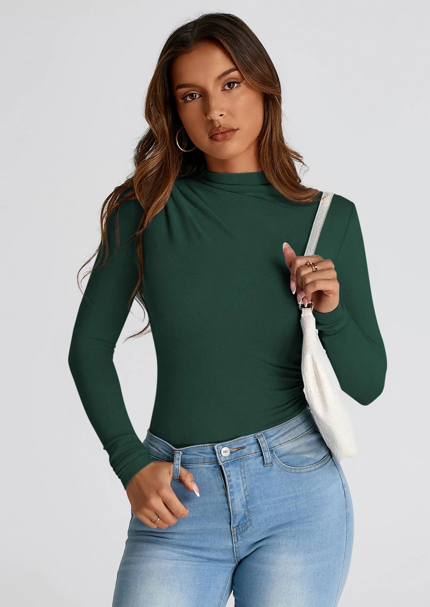 Womens Fall Y2K Going Out Crop Tops Long Sleeve Mock Neck Ruched Slim Fitted Basic Trendy Casual T Shirts Blouse