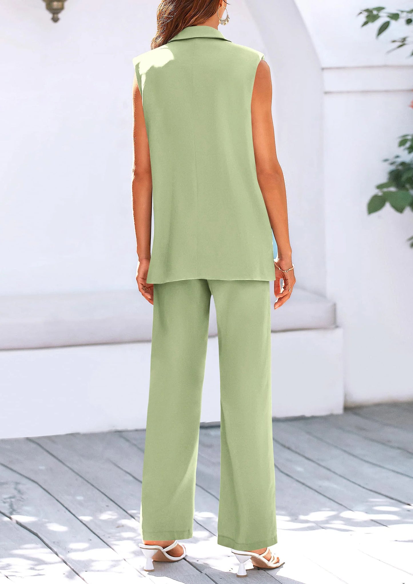 Women's 2 Piece Outfits Sleeveless Suit Vest and Wide Leg Pants Business Casual Blazer Sets