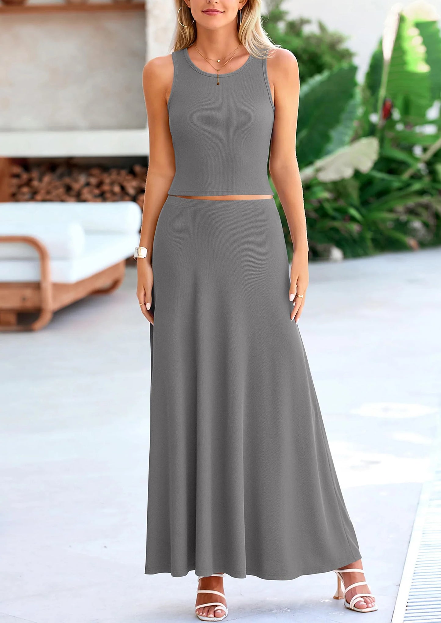 2 Piece Maxi Skirt Sets Casual Knit Cropped Tank Top High Waisted Long Skirts Outfit