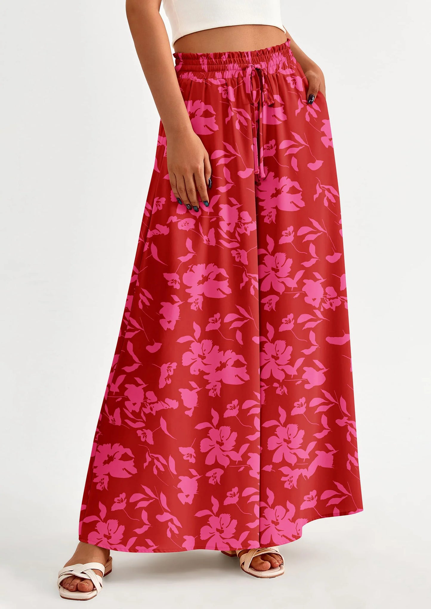 Women's Summer Wide Leg Palazzo Pants High Waisted Flowy Pockets Trendy Casual Lounge Boho Beach Trousers