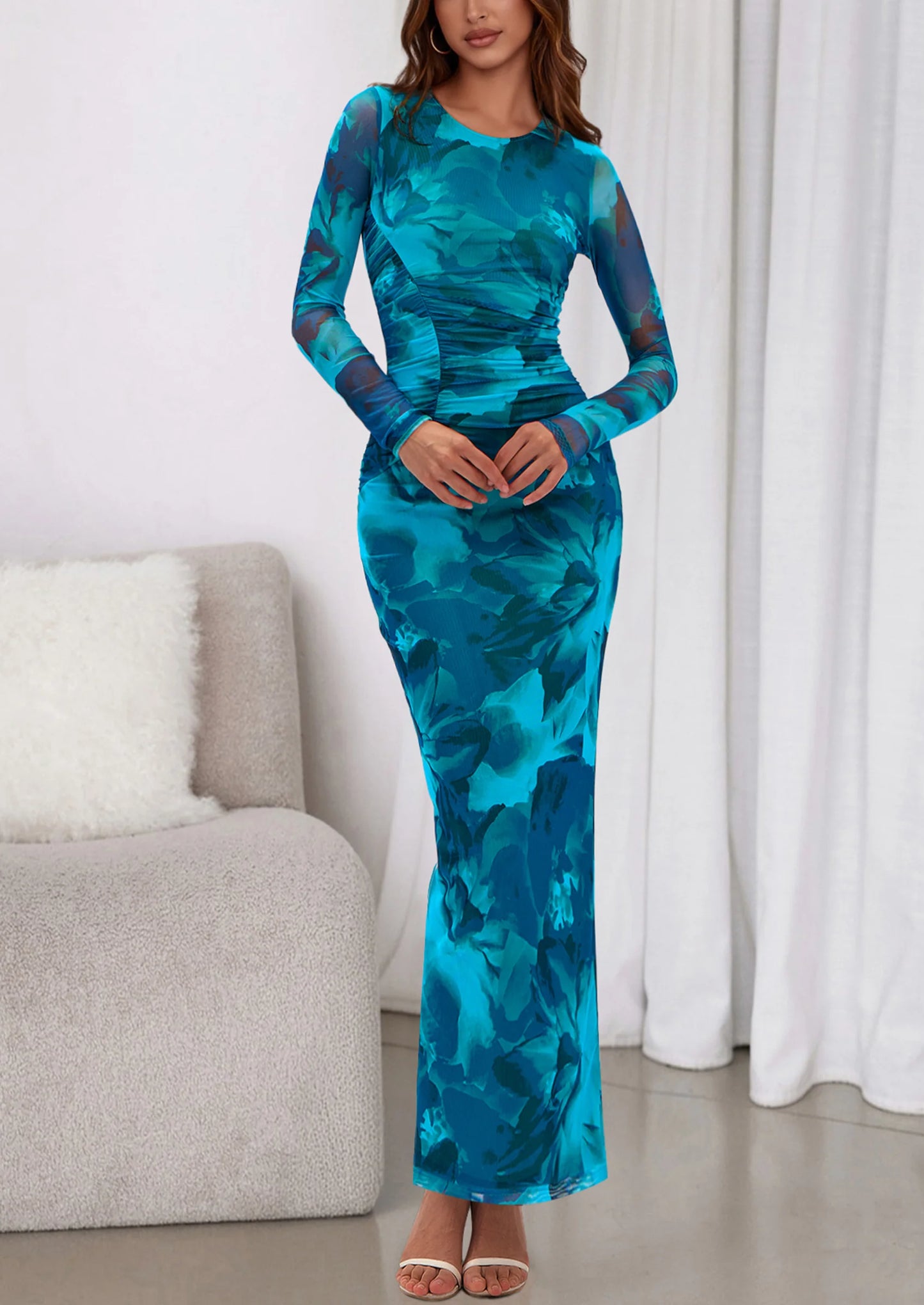 Women's Fall Wedding Guest Dresses Long Sleeve Fitted Ruched Slit Bodycon Mesh Floral Party Maxi Dress