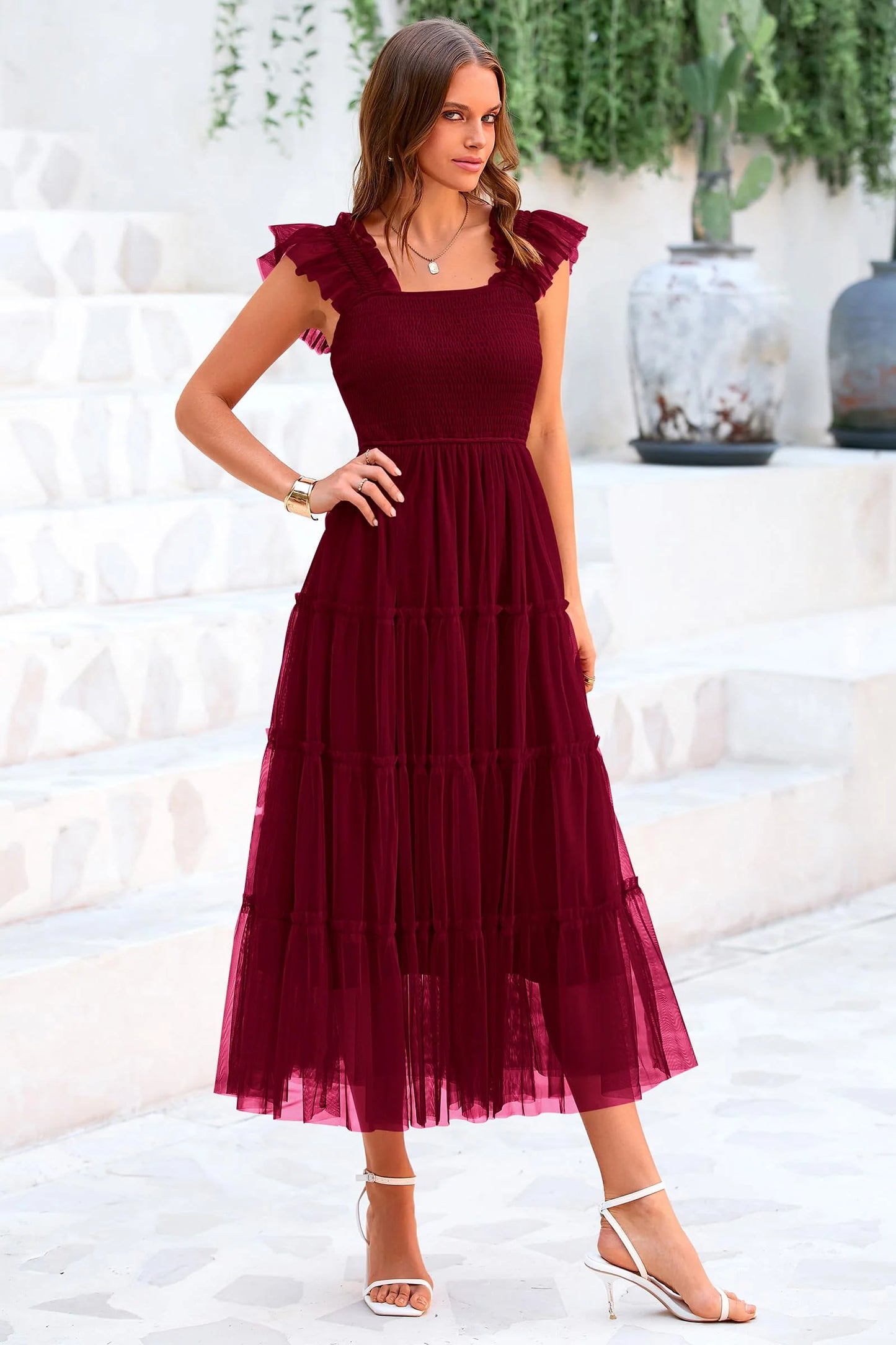 Women's Tulle Midi Dress Sleeveless Smocked Ruffle Mesh Flowy Dresses Party Wedding Guest Sundress
