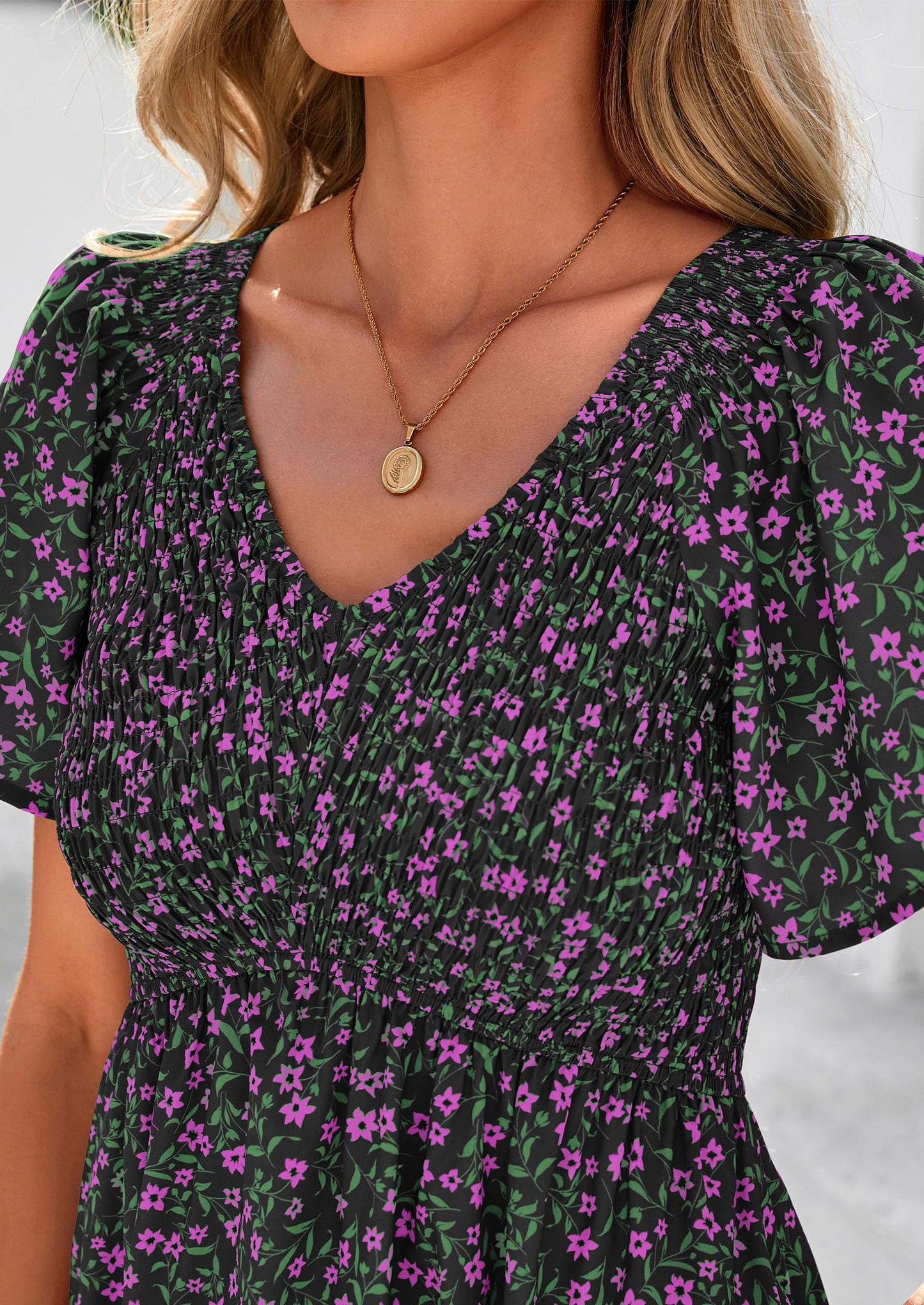 Women Floral Boho Maxi Dresses Short Sleeve V Neck Smocked A Line Long Flowy Beach Vacation Dress