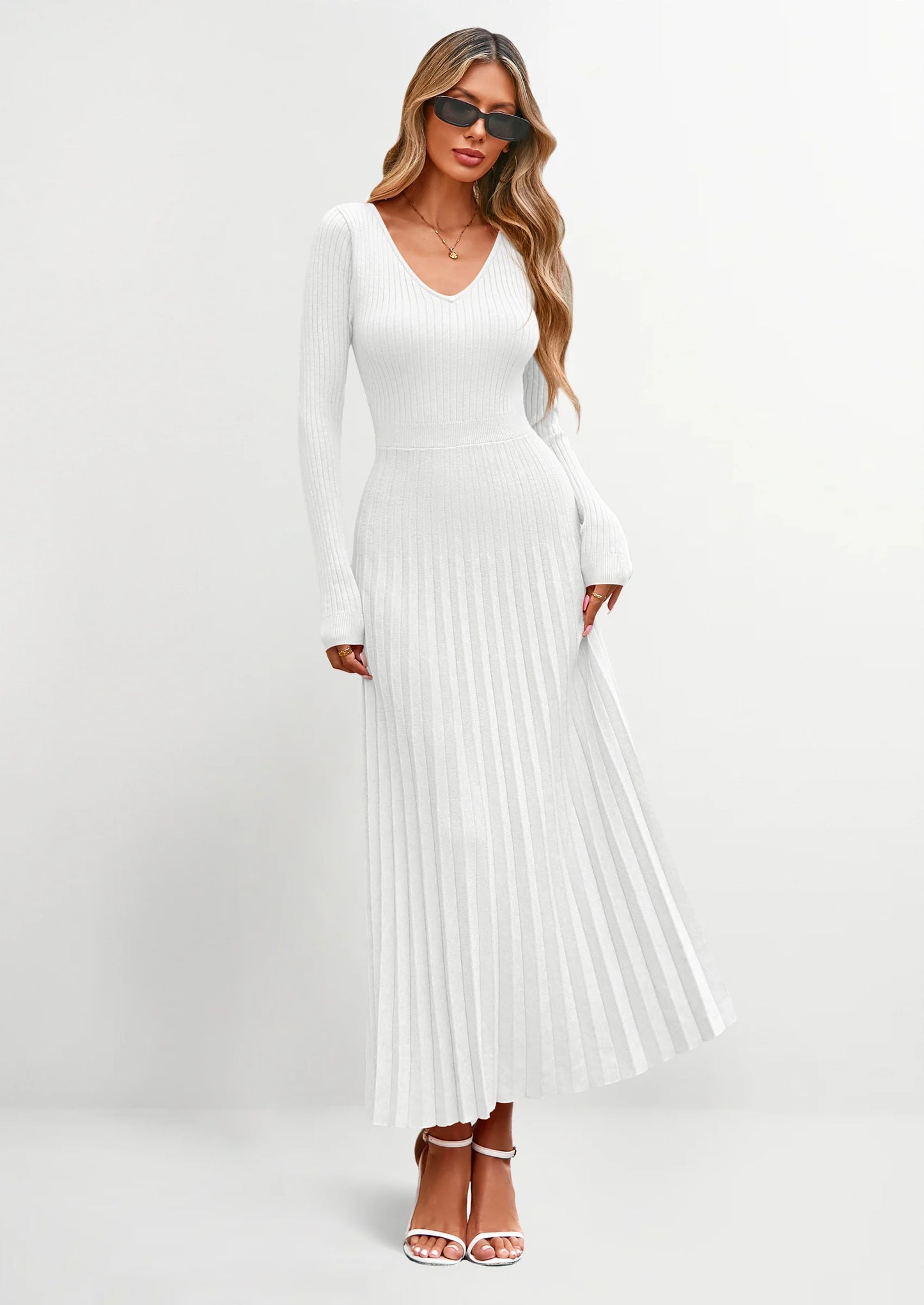 Women Sweater Dress Fall Fashion Long Sleeve V Neck Ribbed Knit Pleated A Line Elegant Maxi Winter Dresses