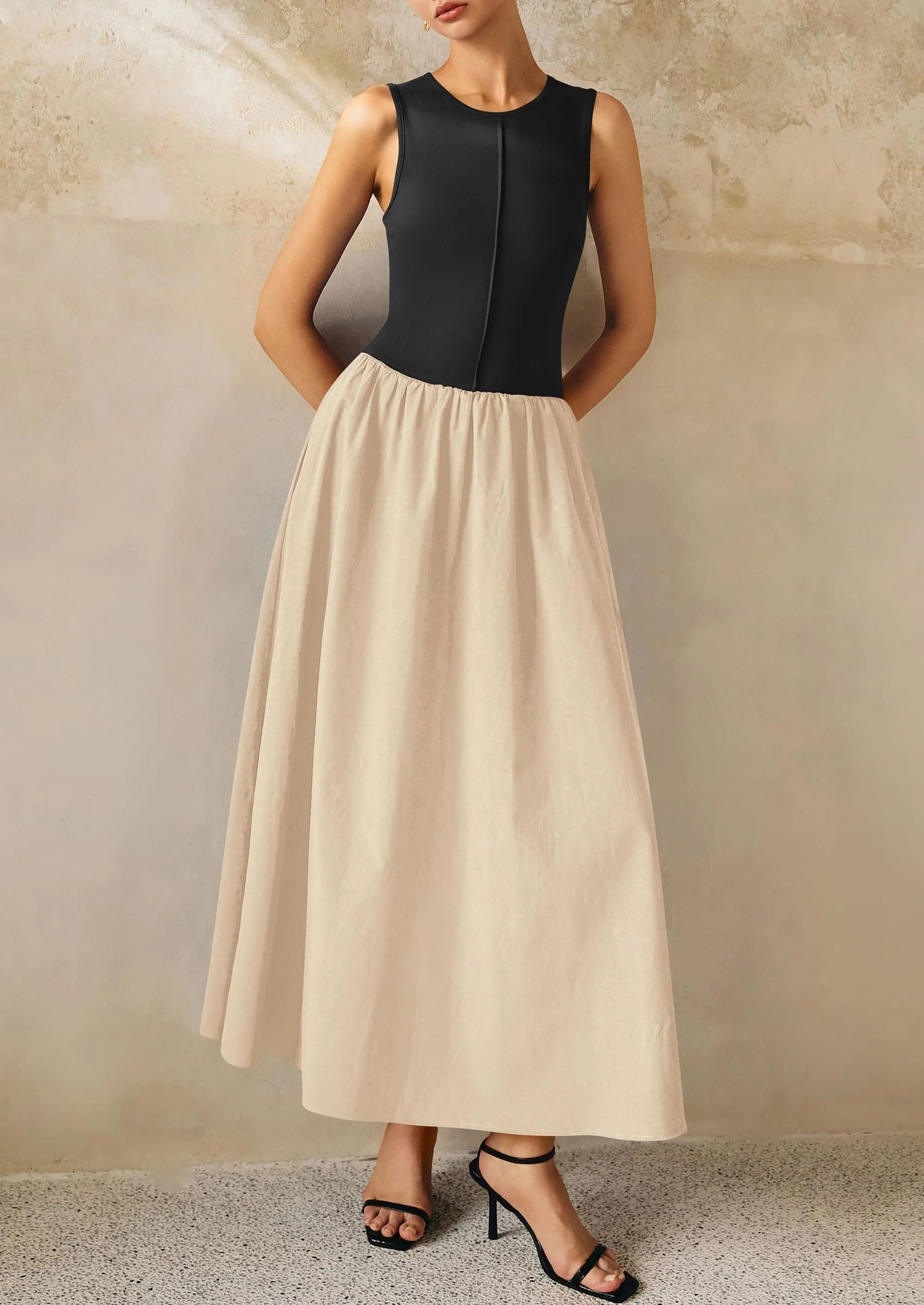 Women Maxi Dresses Casual Sleeveless Patchwork Knit Tank Dress Flowy Beach Sundress Long Dress