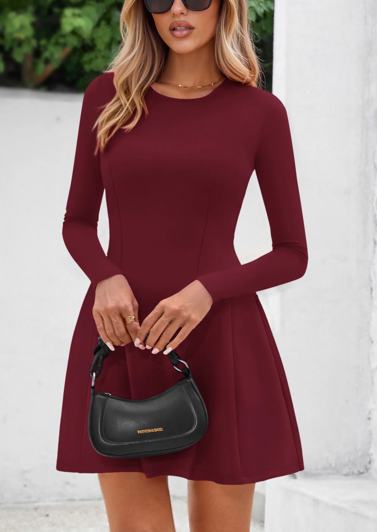 Long Sleeve Mini Dress for Women Fall Crewneck Knit Pleated Babydoll A Line Soft Casual Short Party Dresses