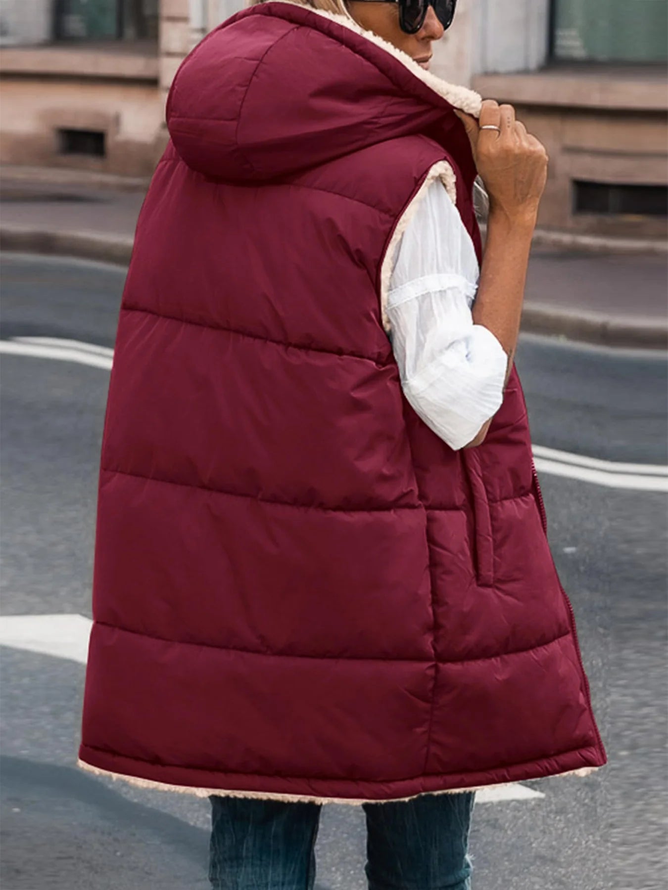 Womens Fall Reversible Vests Sleeveless Fleece Jacket Zip Up Hoodie Pockets Long Warm Winter Coat Outerwear