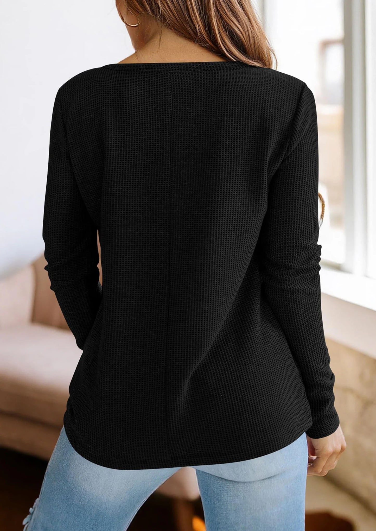 Long Sleeve Shirts for Women Fall V Neck Waffle Basic Tee Dressy Casual Winter Blouses Knit Tunic Tops