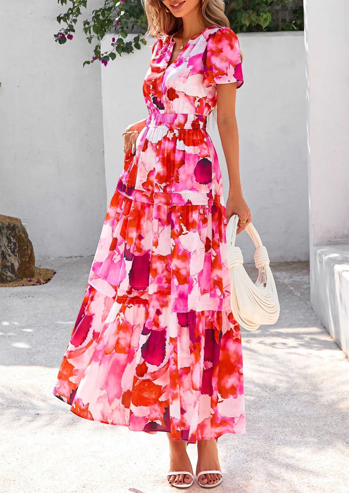 Women's Boho Maxi Dresses Floral Short Sleeve V Neck A Line Tiered Flowy Long Beach Vacation Dress