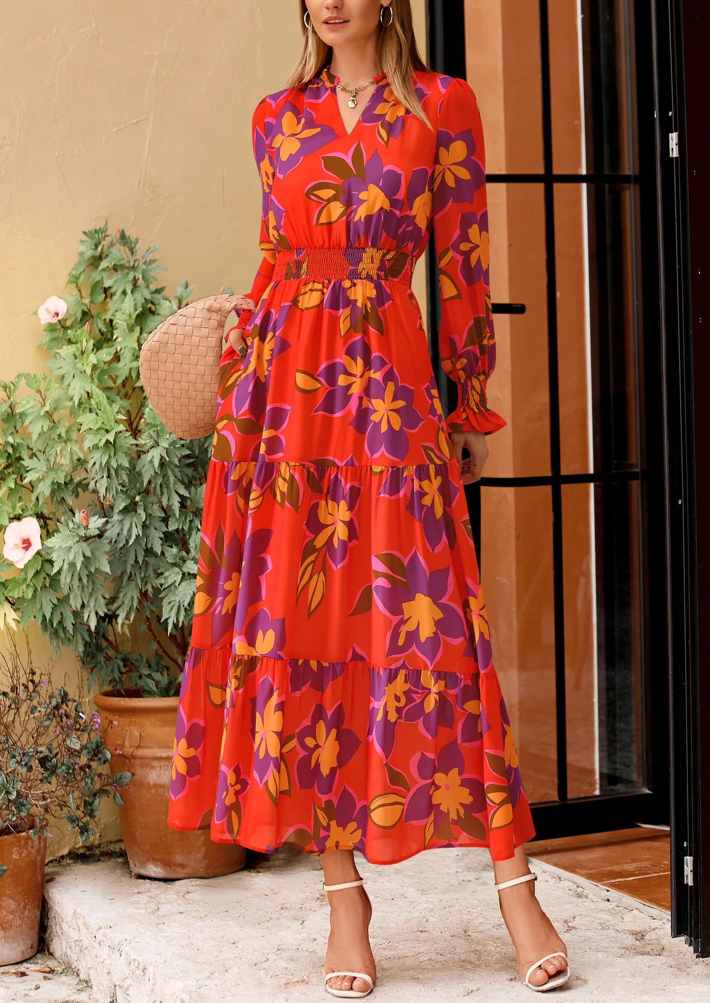 Women's Floral Maxi Dress Spring Long Sleeve V Neck Casual A Line Long Flowy Boho Party Dresses